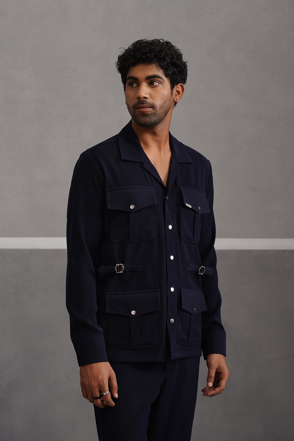 Korean Lycra Luxe Four Pocket Shirt - Blue