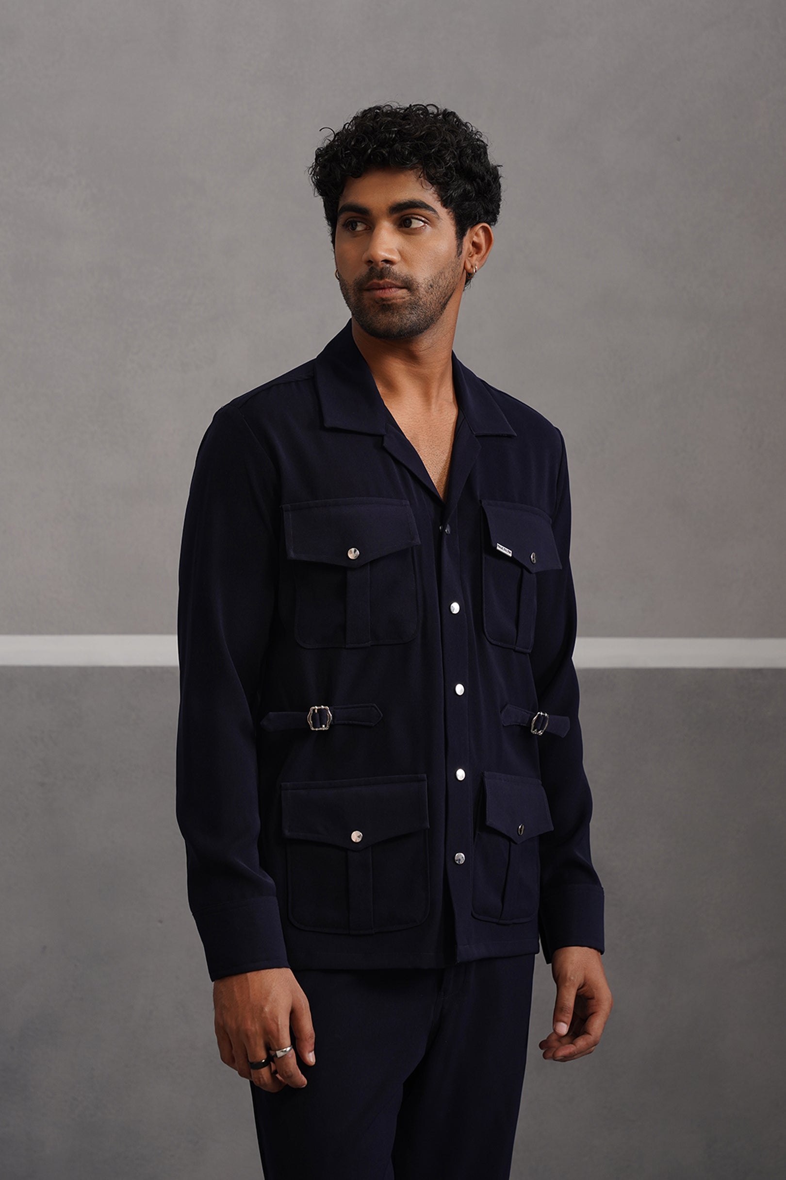 Korean Lycra Luxe Four Pocket Shirt - Blue
