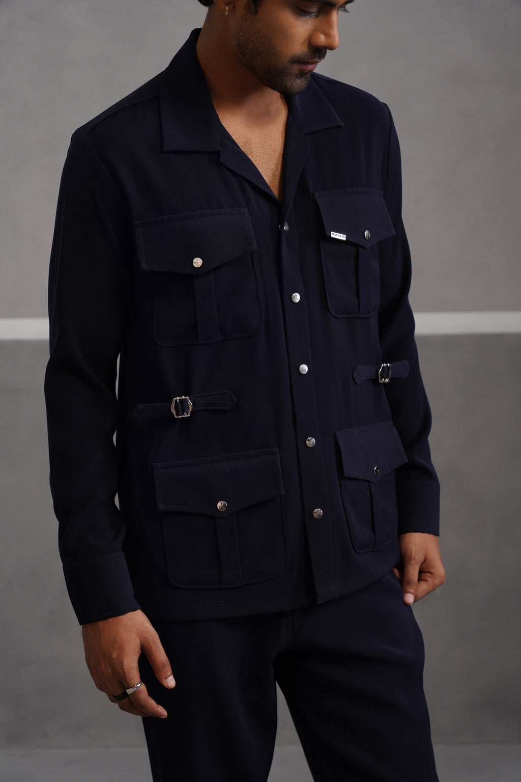Korean Lycra Luxe Four Pocket Shirt - Blue