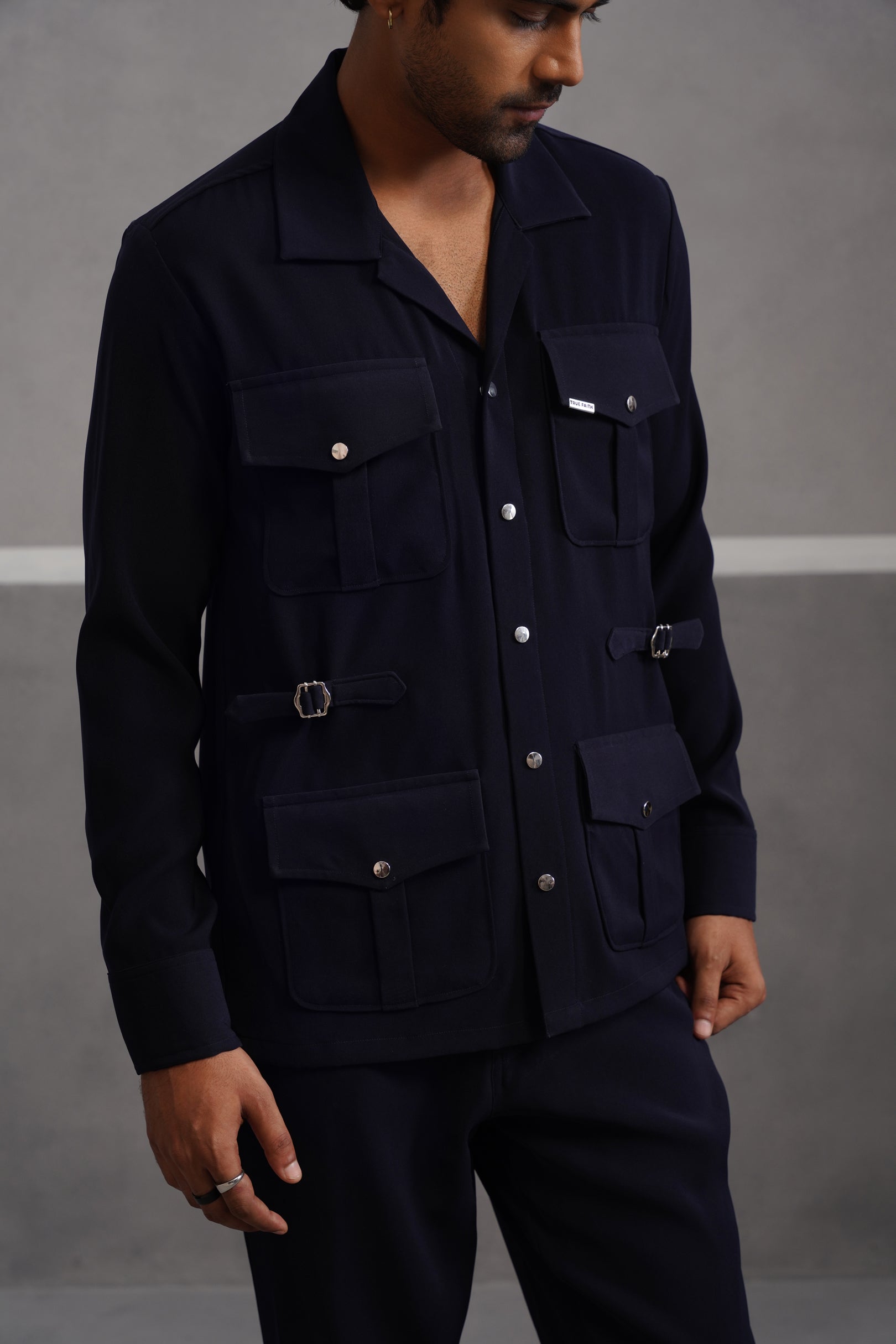 Korean Lycra Luxe Four Pocket Shirt - Blue