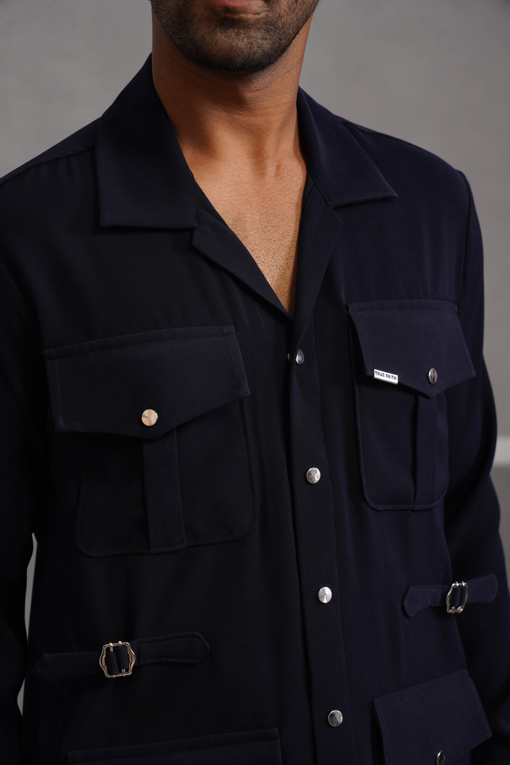 Korean Lycra Luxe Four Pocket Shirt - Blue