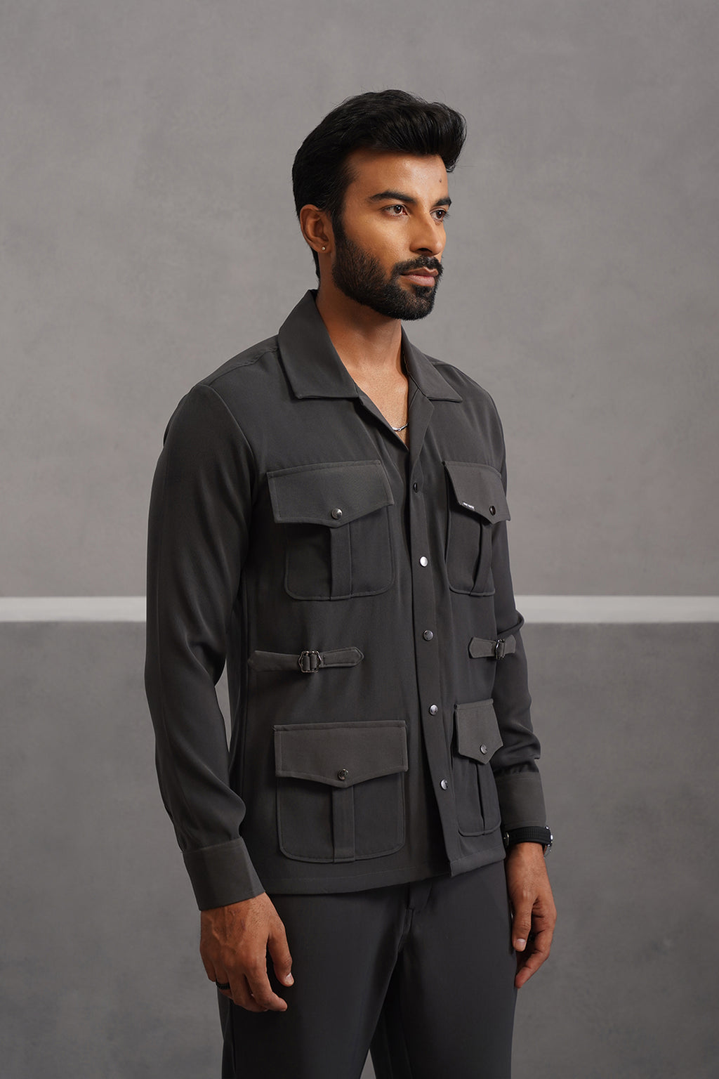 Korean Lycra Luxe Four Pocket Shirt - Grey