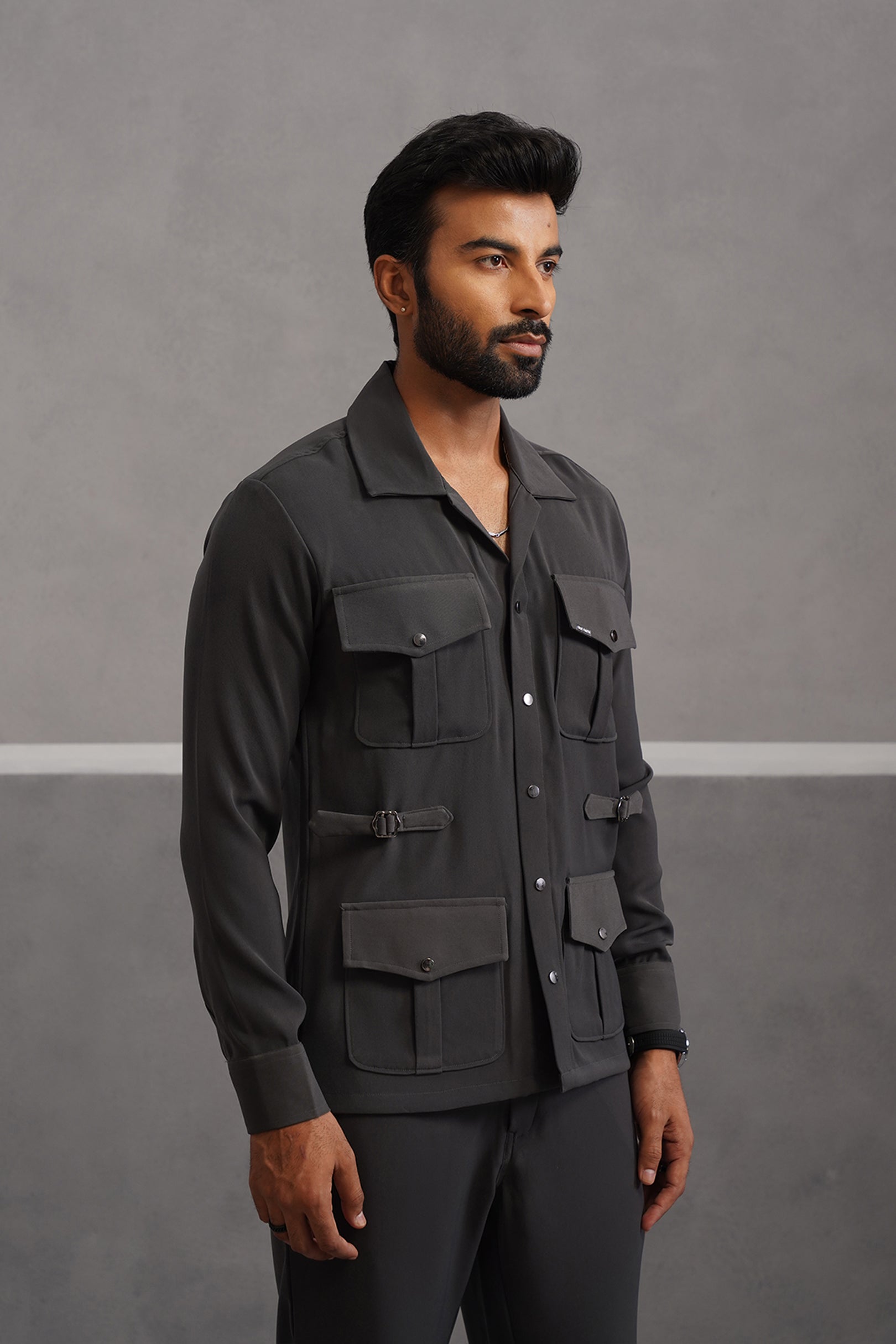 Korean Lycra Luxe Four Pocket Shirt - Grey