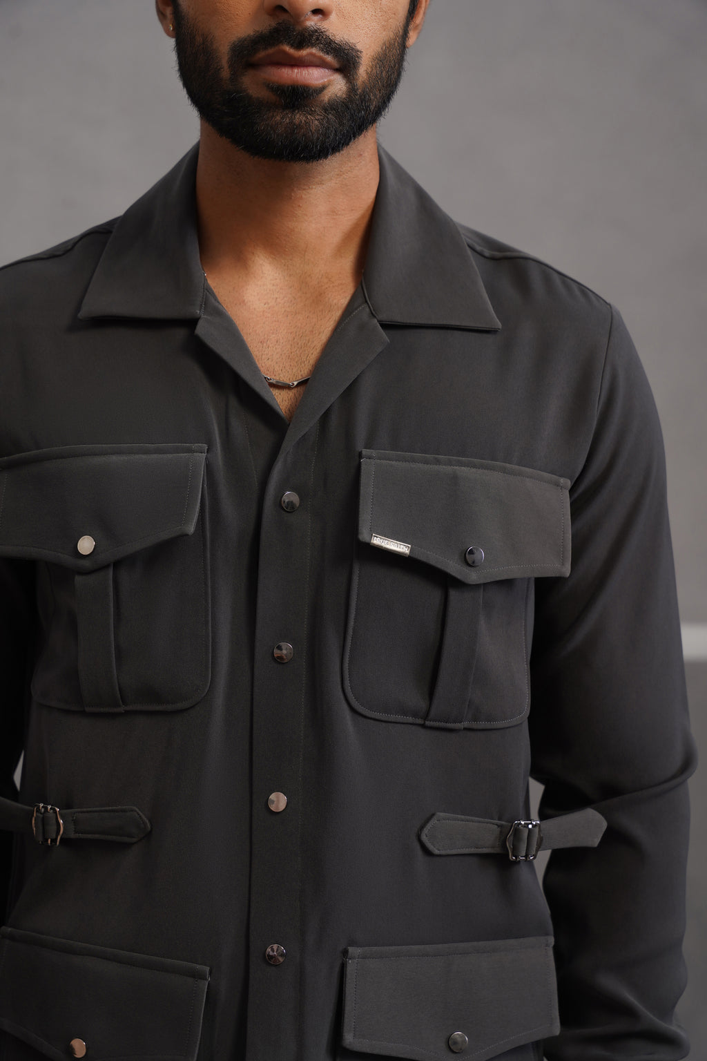 Korean Lycra Luxe Four Pocket Shirt - Grey