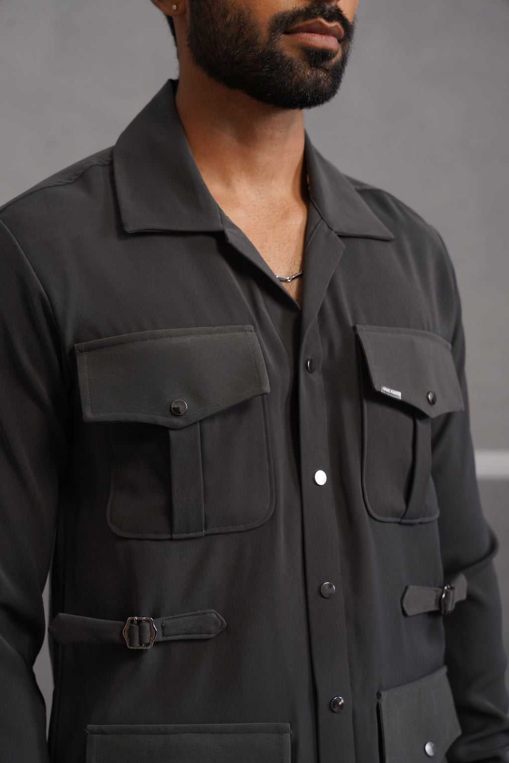 Korean Lycra Luxe Four Pocket Shirt - Grey