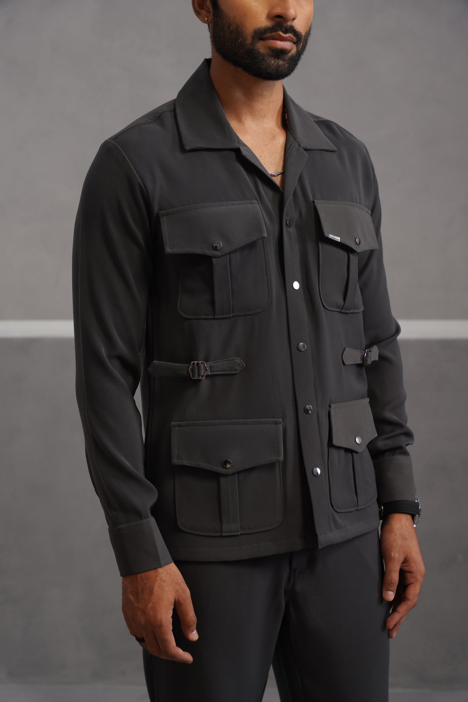 Korean Lycra Luxe Four Pocket Shirt - Grey