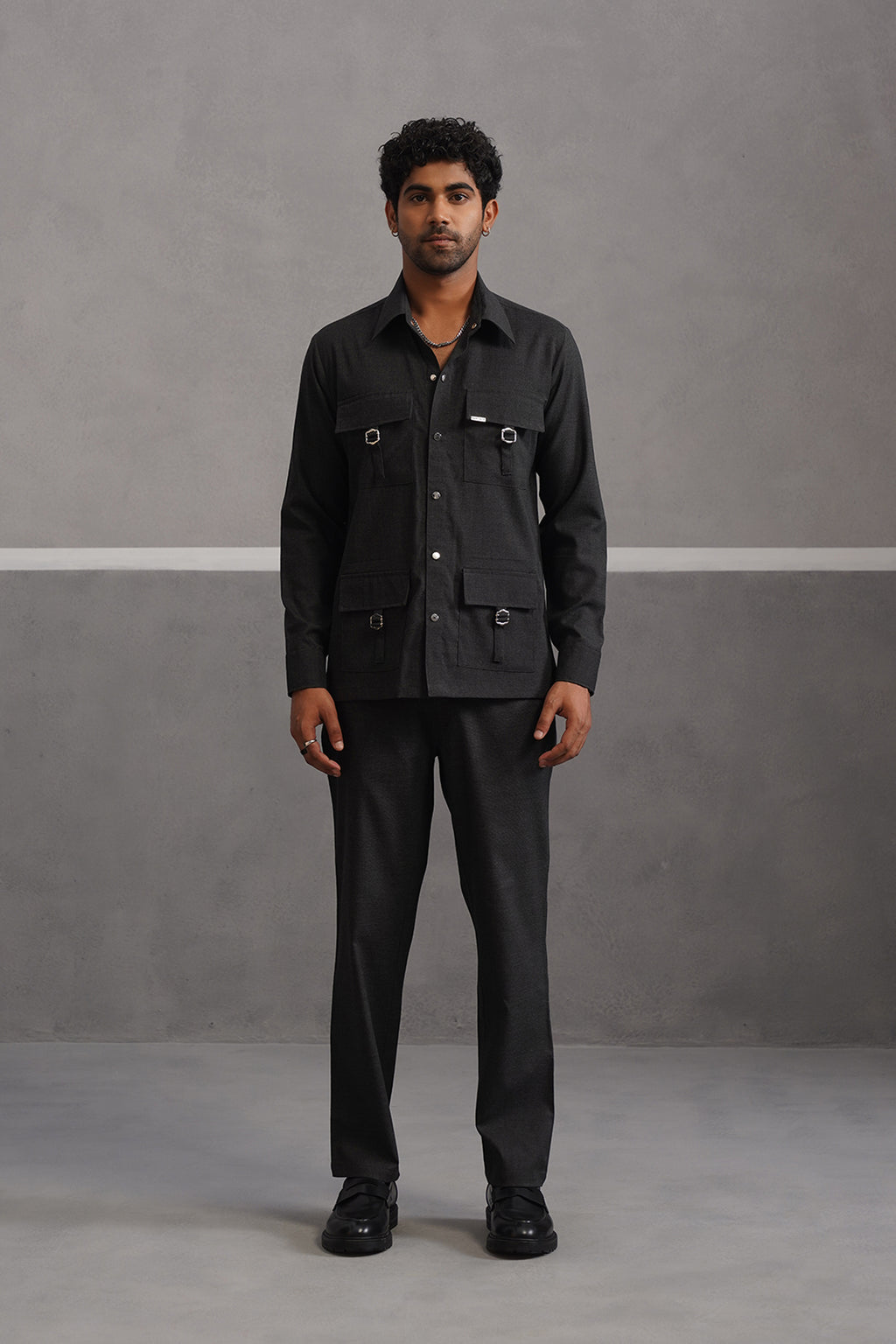 Italian linen lycra four buckle pocket coord set - Black
