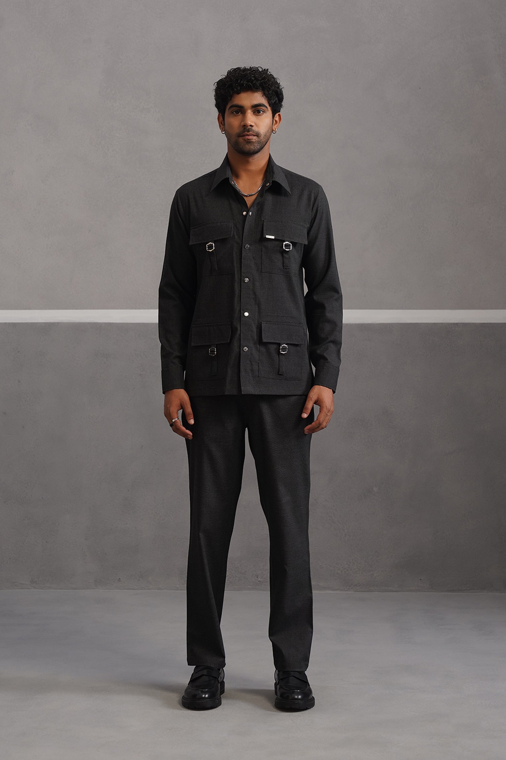 Italian linen lycra four buckle pocket coord set - Black