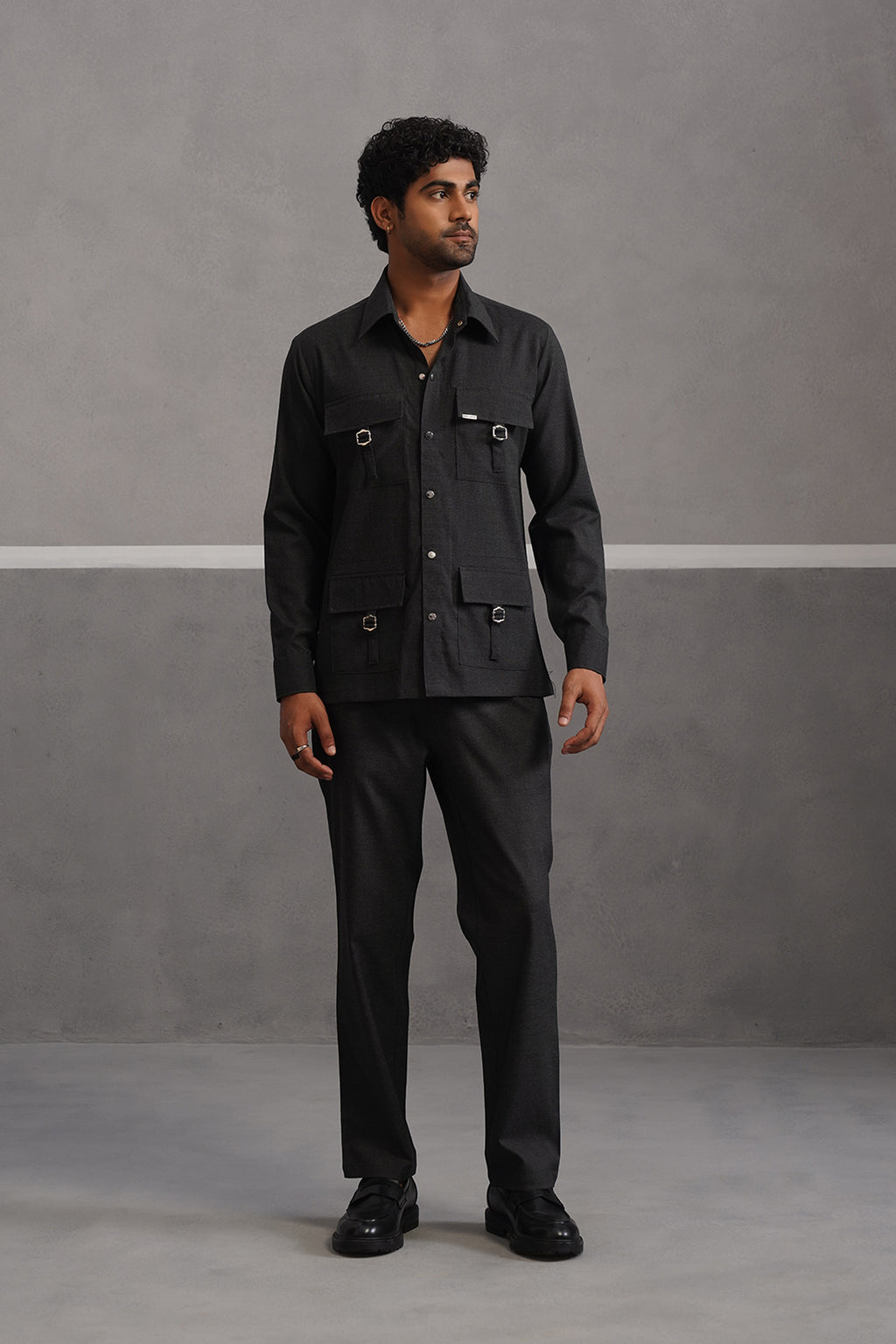 Italian linen lycra four buckle pocket coord set - Black