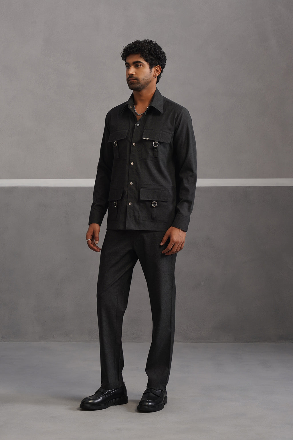 Italian linen lycra four buckle pocket coord set - Black