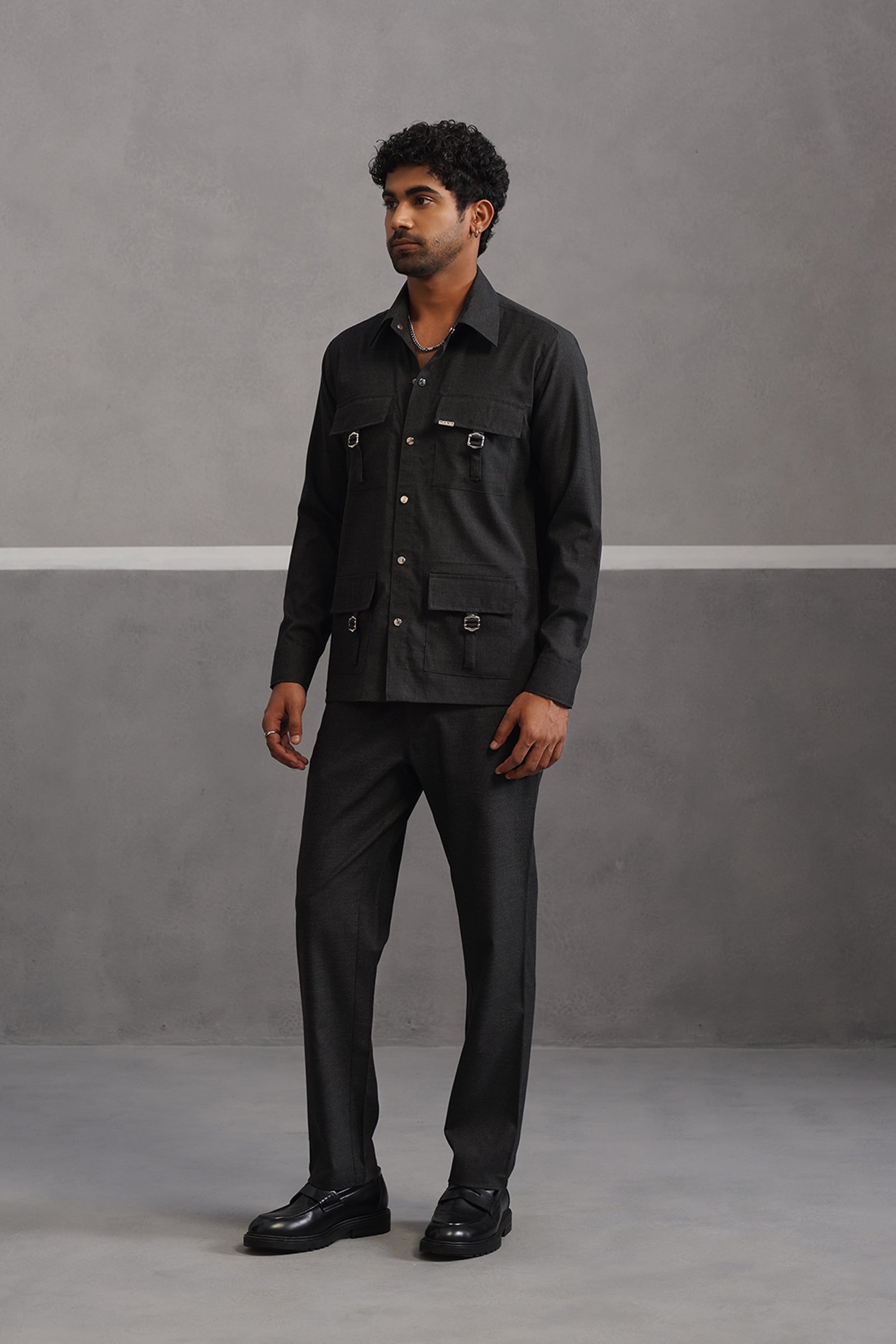 Italian linen lycra four buckle pocket coord set - Black