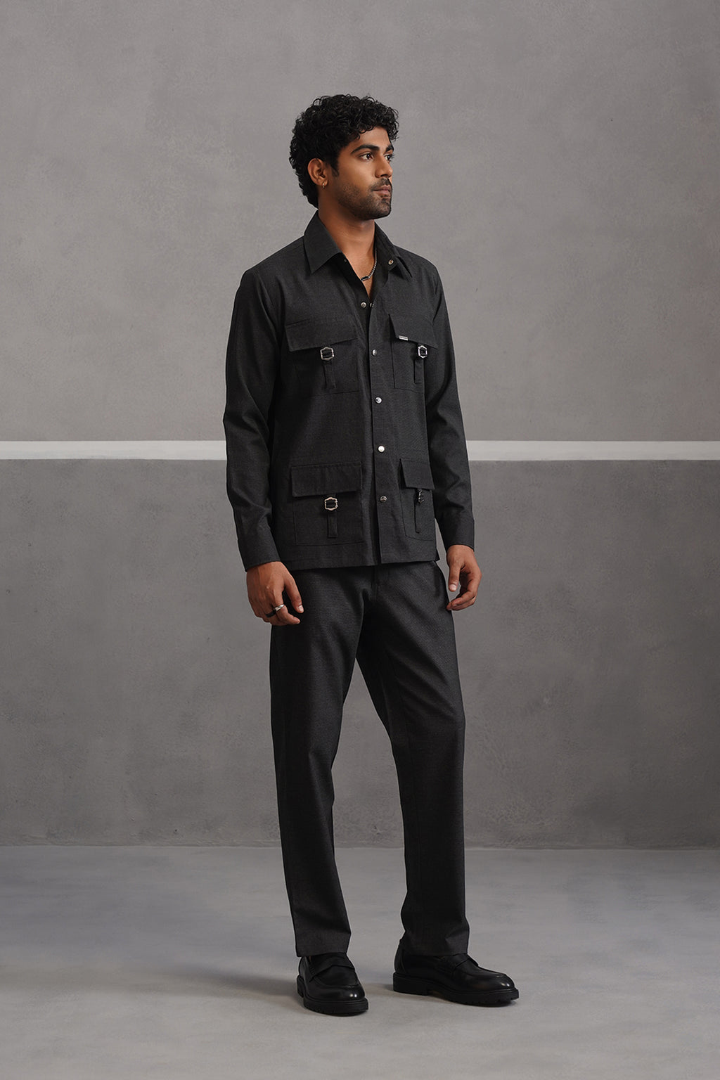 Italian linen lycra four buckle pocket coord set - Black