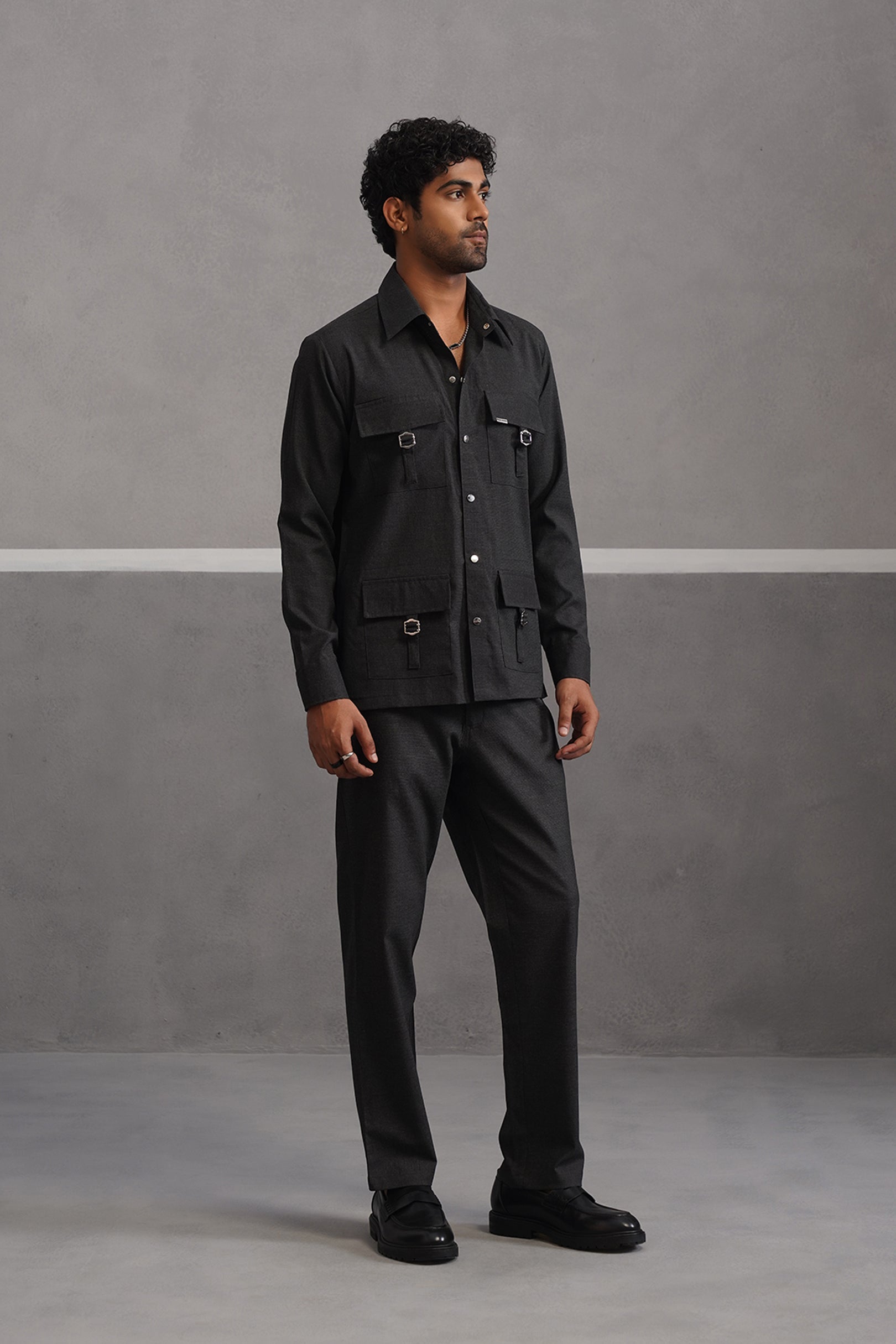 Italian linen lycra four buckle pocket coord set - Black