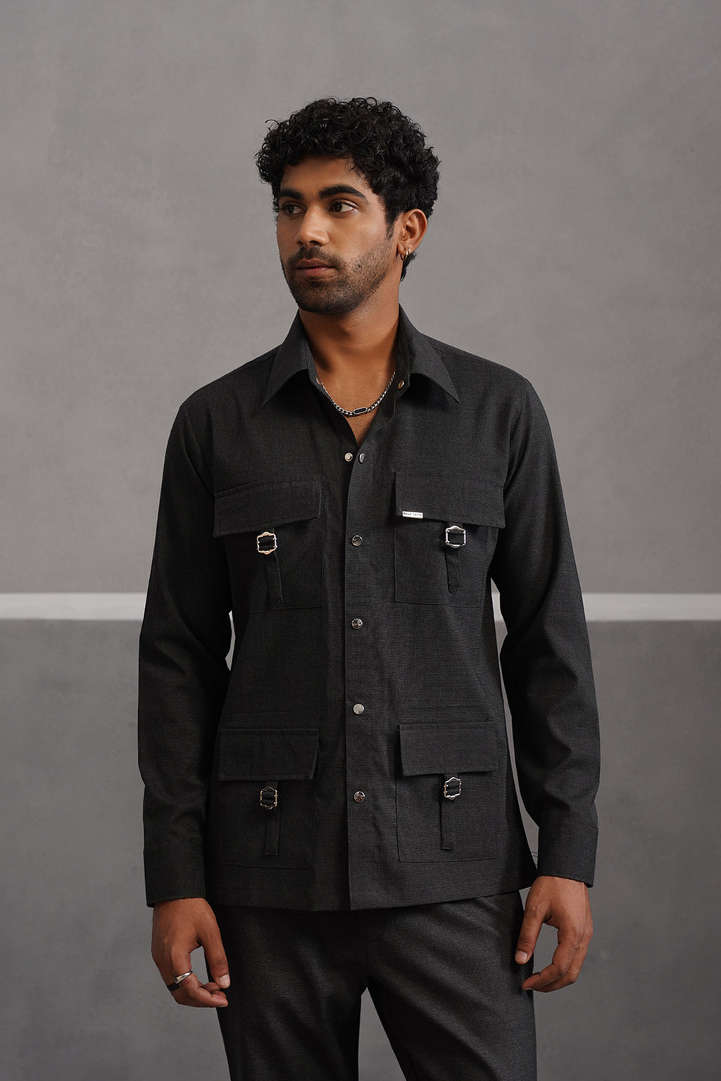 Italian linen lycra four buckle pocket coord set - Black