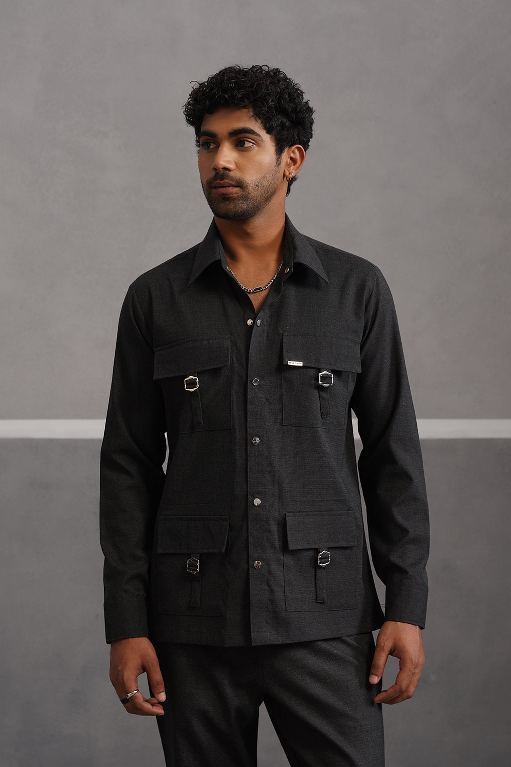 Italian Linen Lycra Four Buckle Pocket Shirt - Black