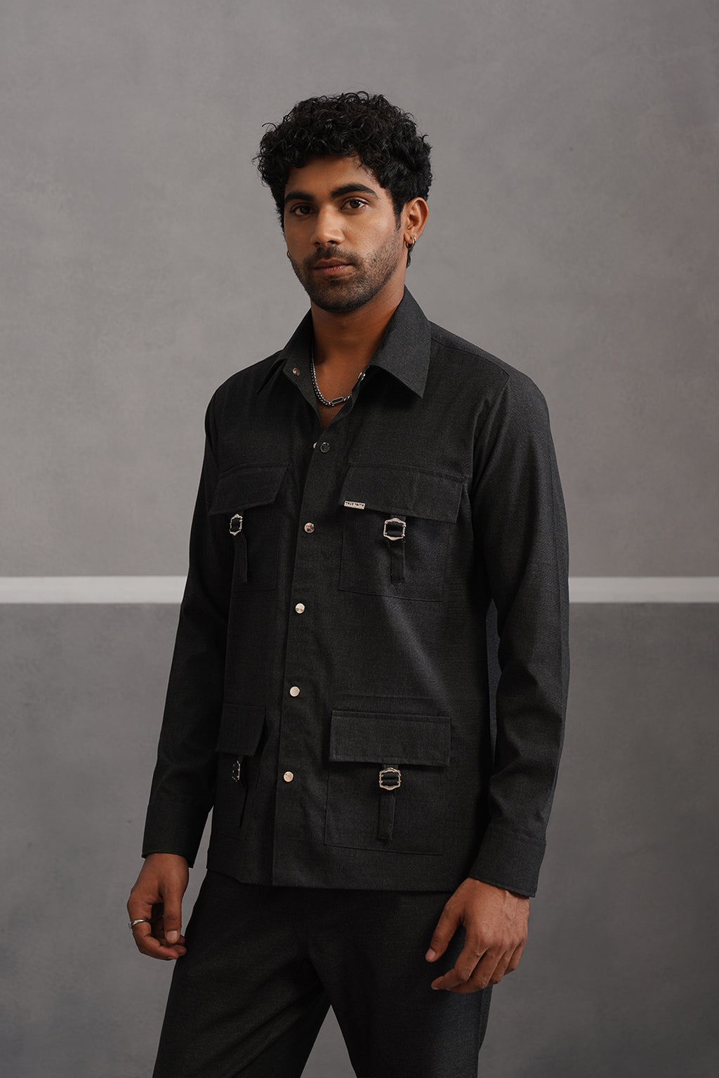 Italian Linen Lycra Four Buckle Pocket Shirt - Black