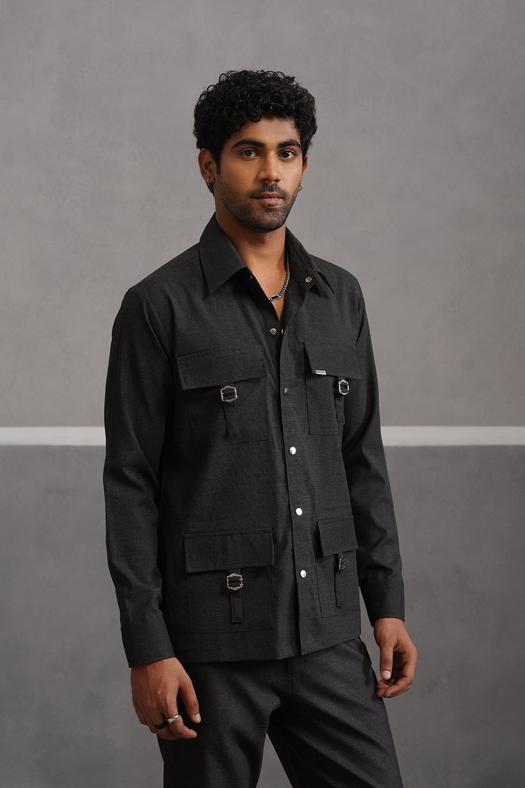 Italian Linen Lycra Four Buckle Pocket Shirt - Black