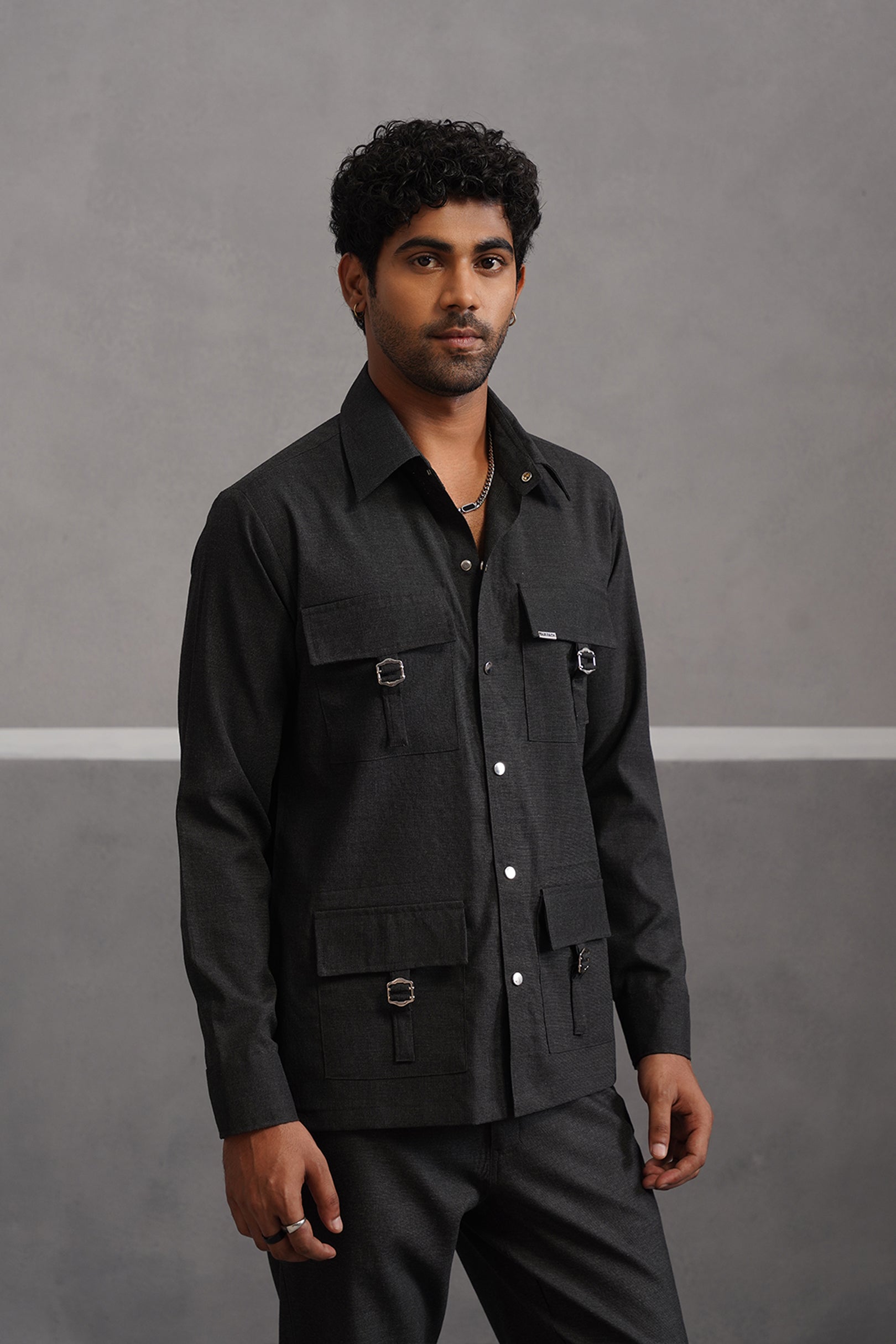 Italian Linen Lycra Four Buckle Pocket Shirt - Black