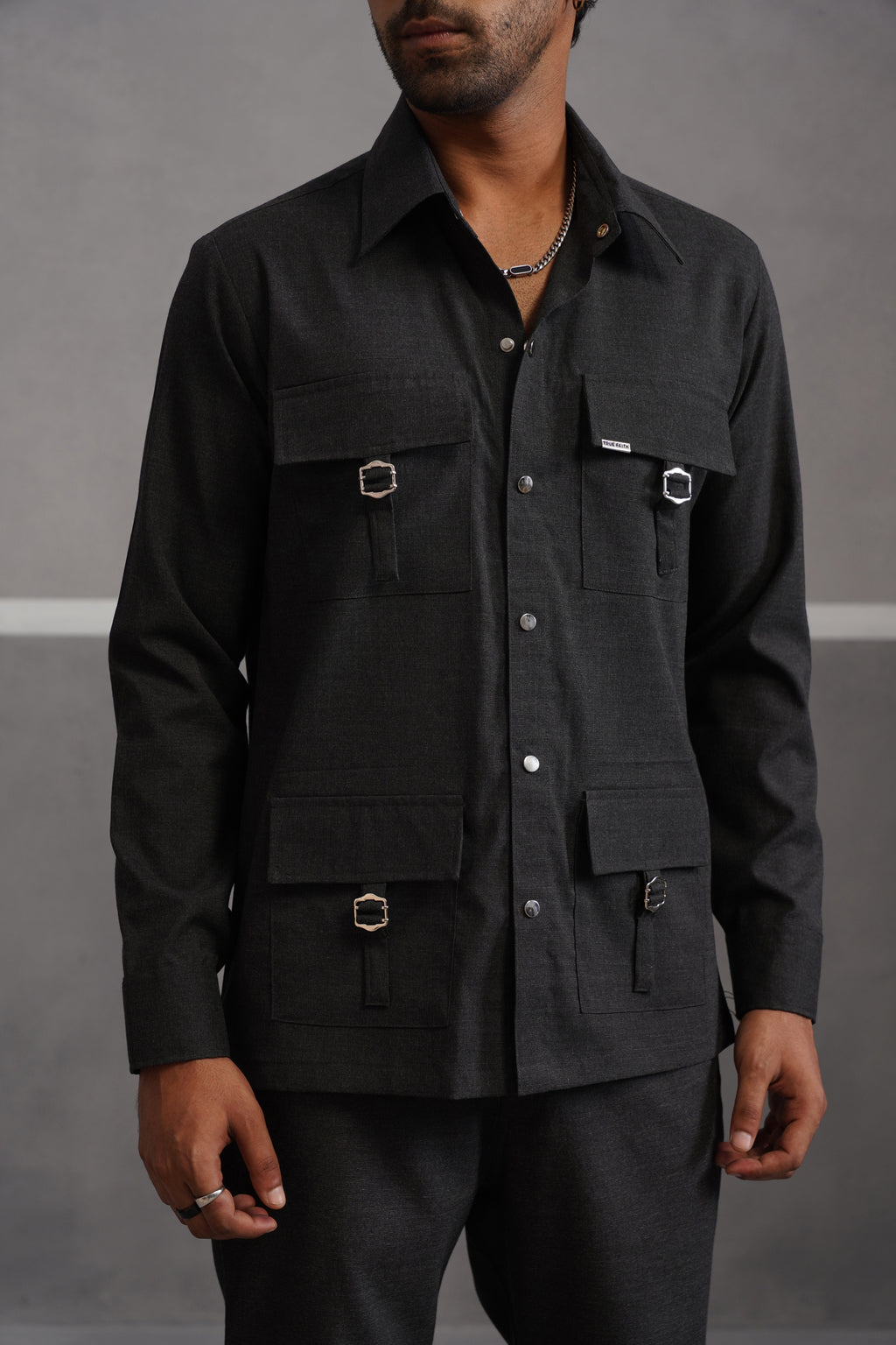 Italian Linen Lycra Four Buckle Pocket Shirt - Black