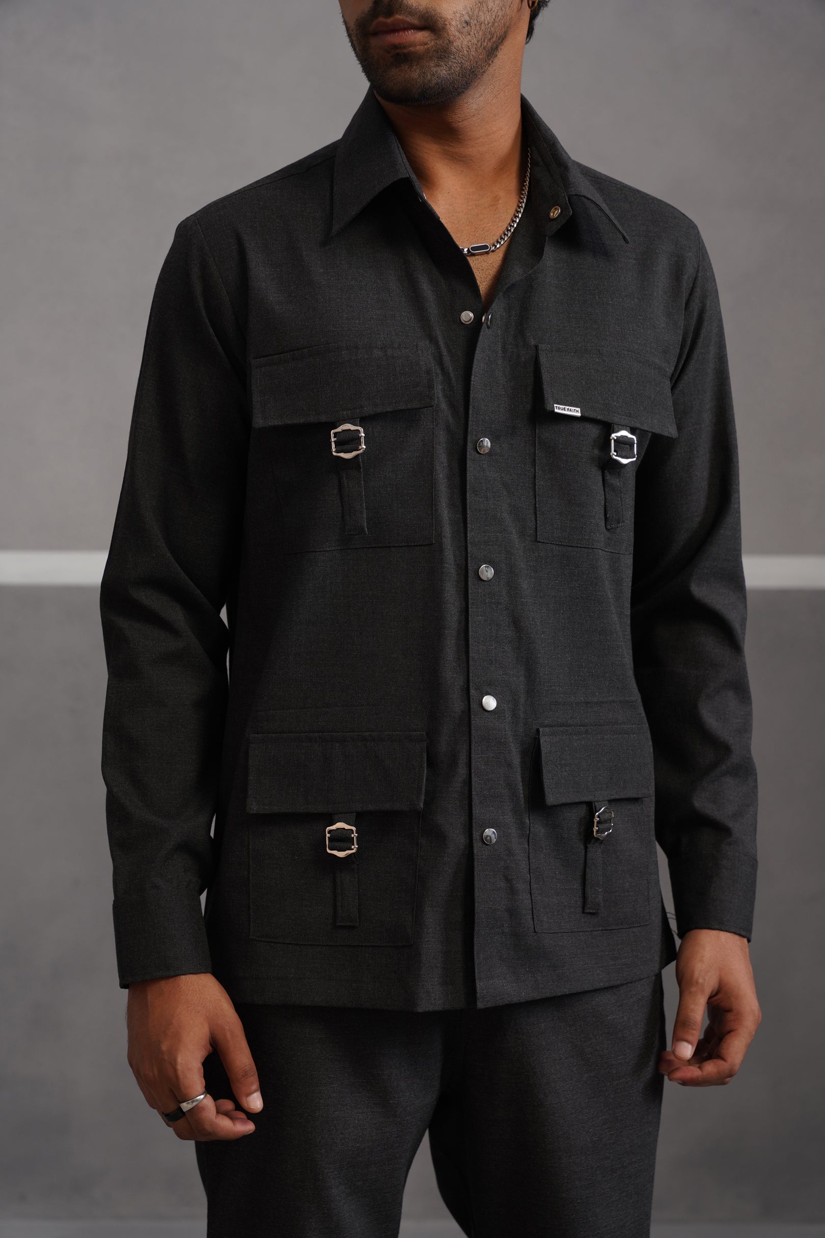 Italian Linen Lycra Four Buckle Pocket Shirt - Black