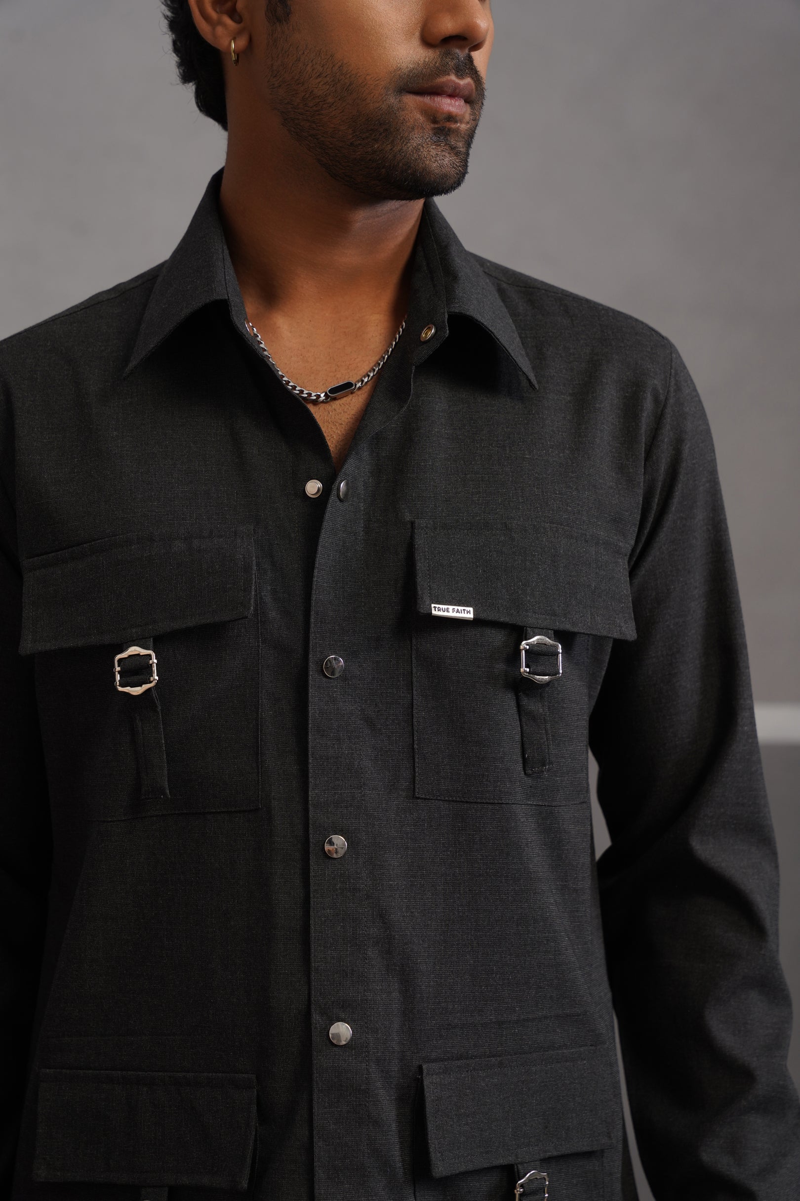Italian Linen Lycra Four Buckle Pocket Shirt - Black