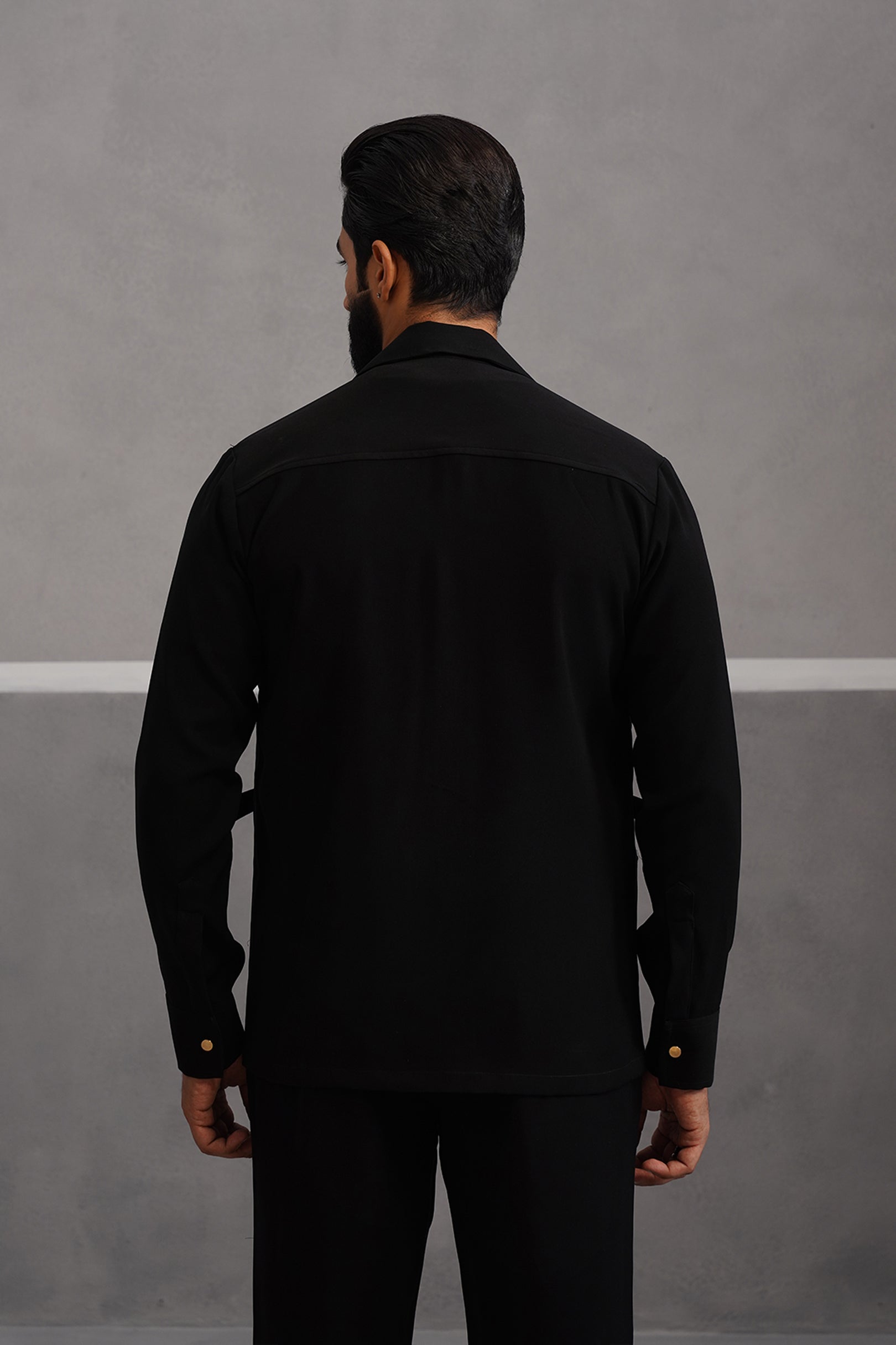 Korean Lycra Luxe Four Pocket Shirt - Black
