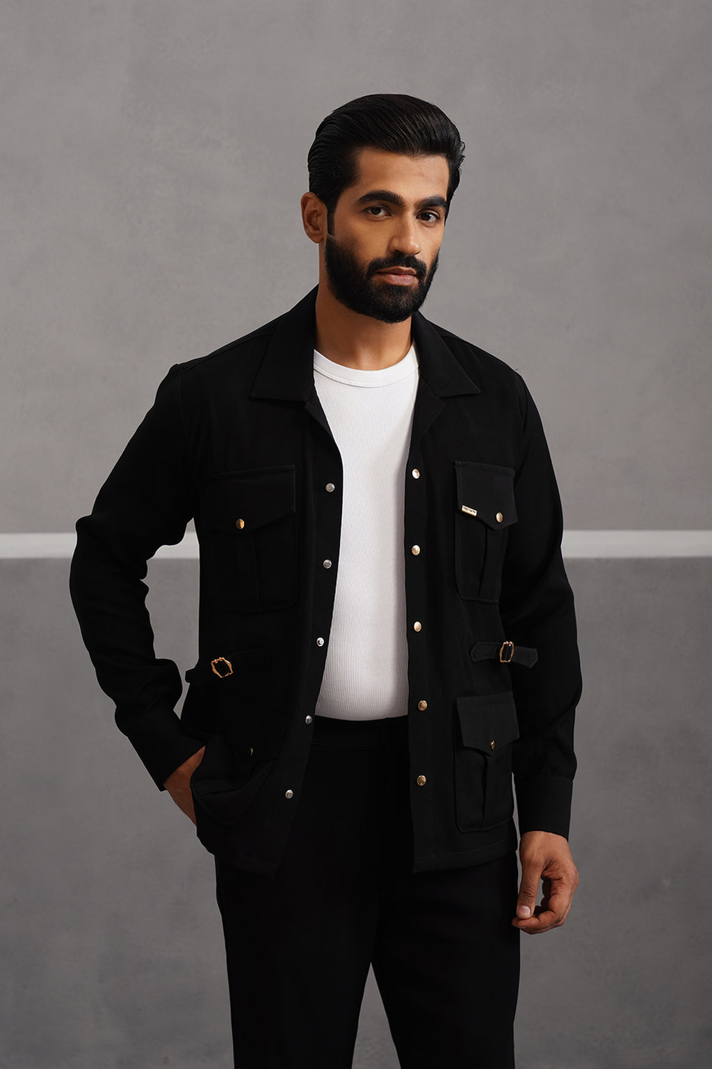 Korean Lycra Luxe Four Pocket Shirt - Black