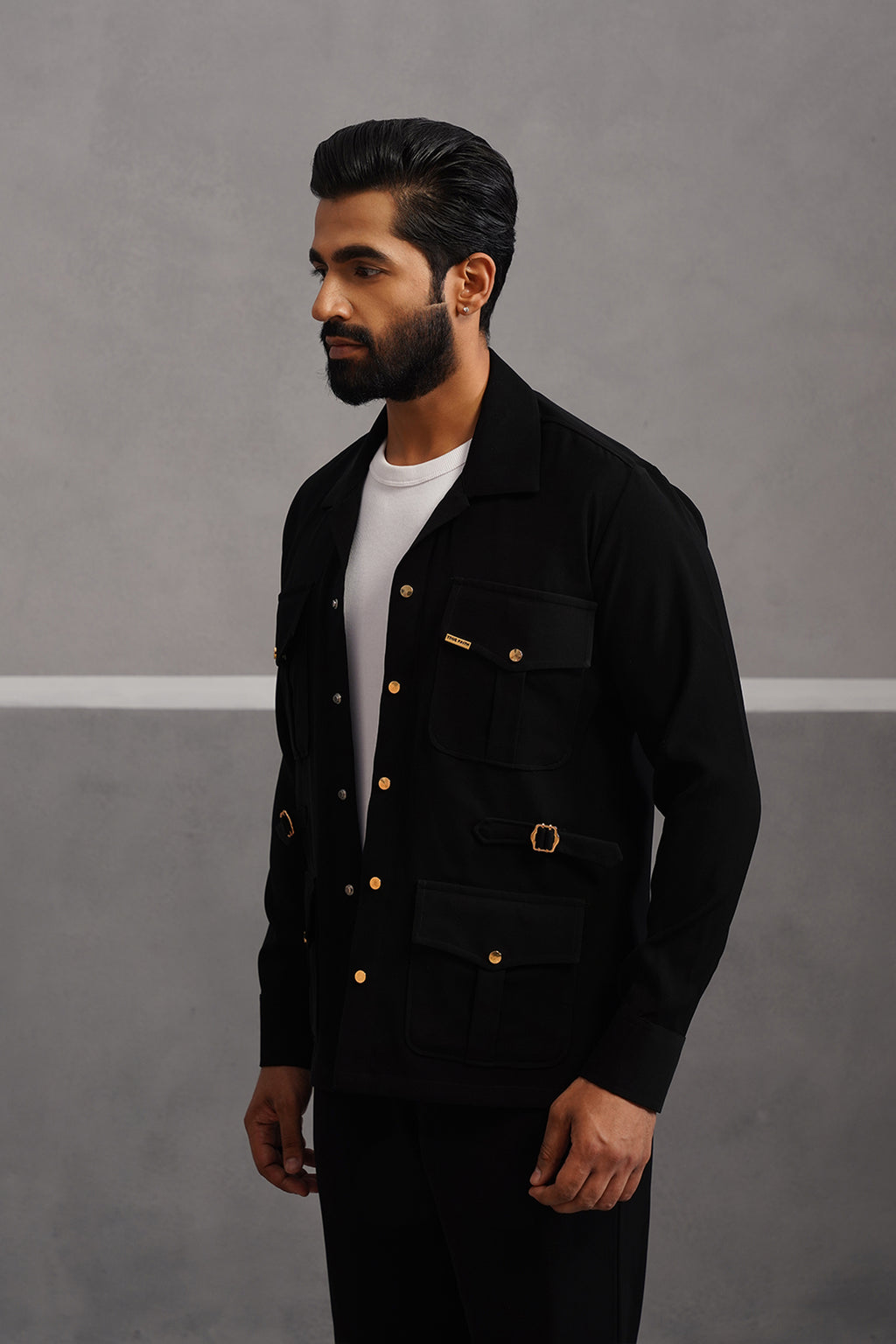 Korean Lycra Luxe Four Pocket Shirt - Black