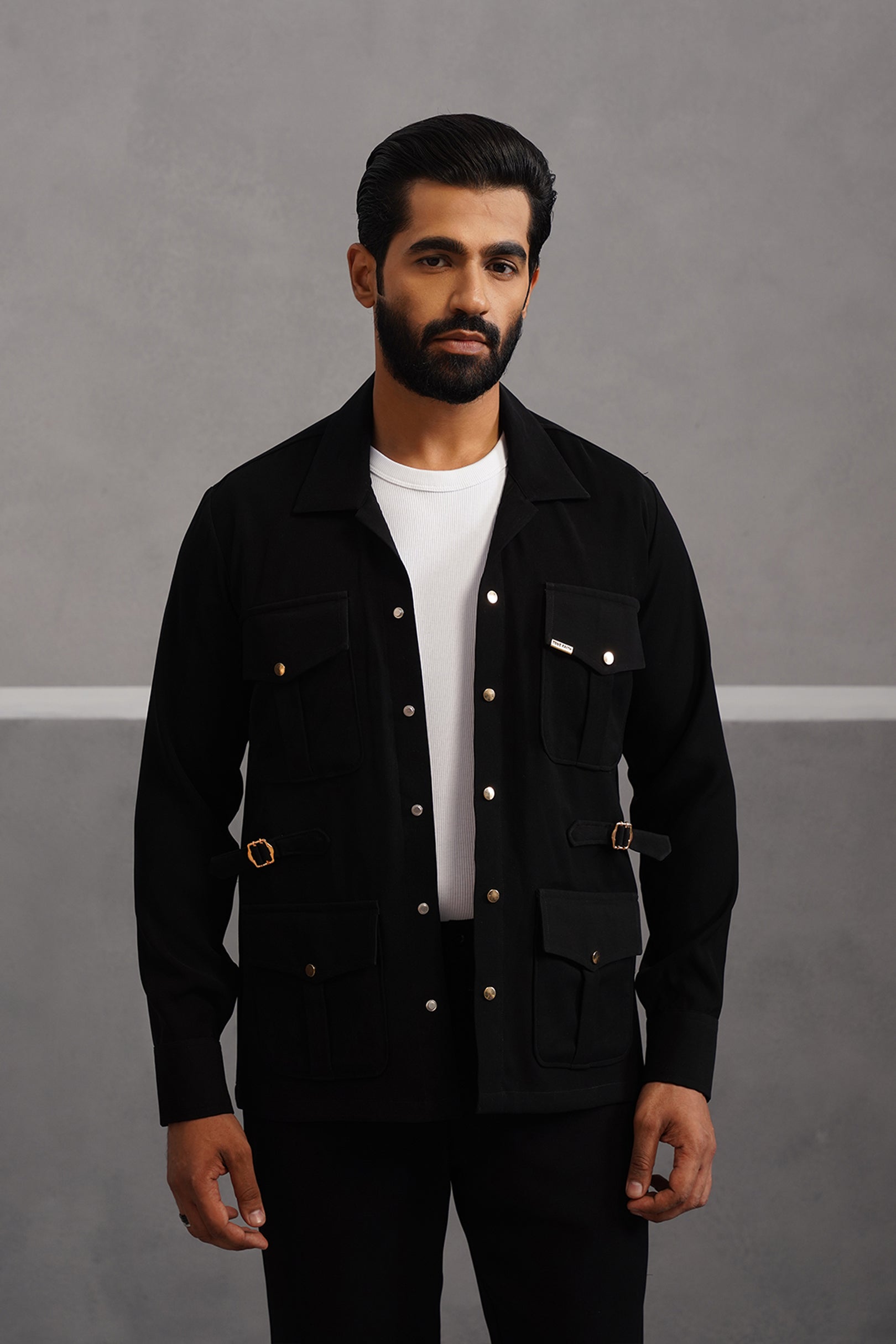 Korean Lycra Luxe Four Pocket Shirt - Black