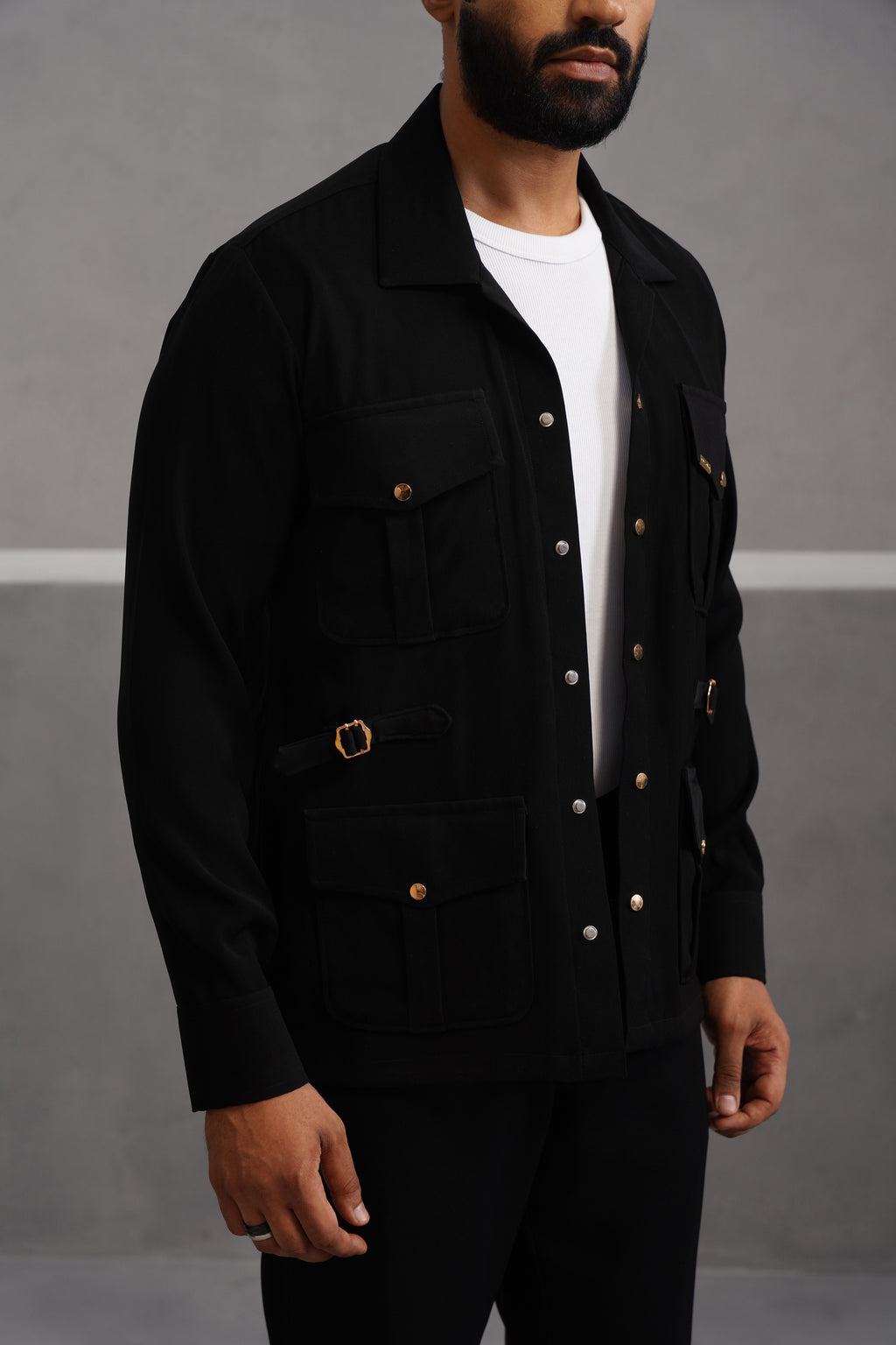 Korean Lycra Luxe Four Pocket Shirt - Black