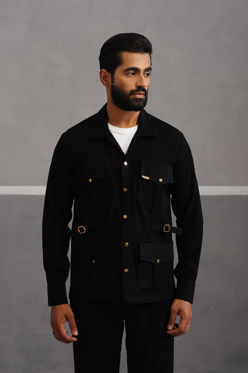 Korean Lycra Luxe Four Pocket Shirt - Black