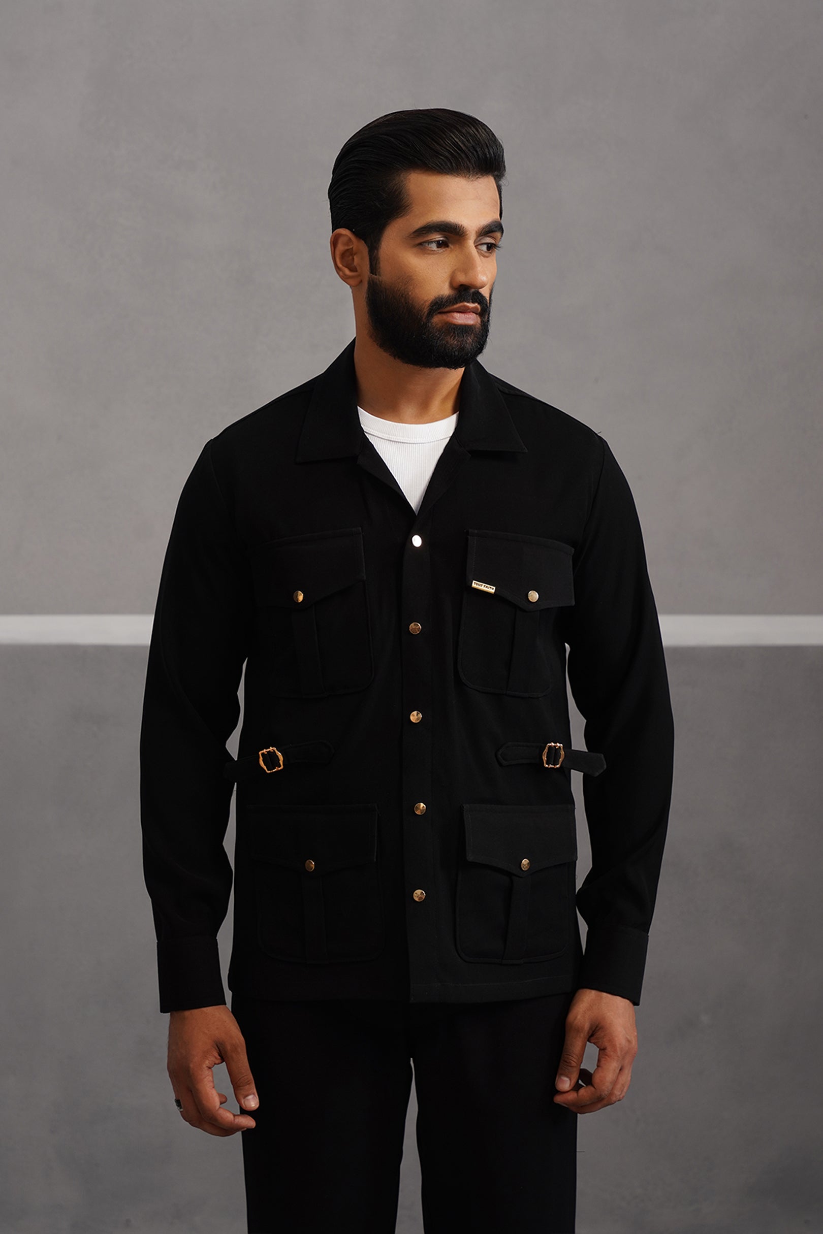 Korean Lycra Luxe Four Pocket Shirt - Black