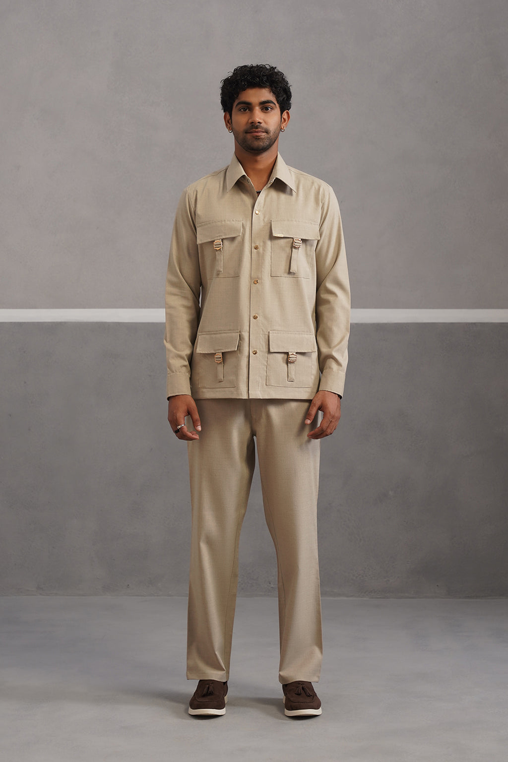 Italian linen lycra four buckle pocket coord set - Beige