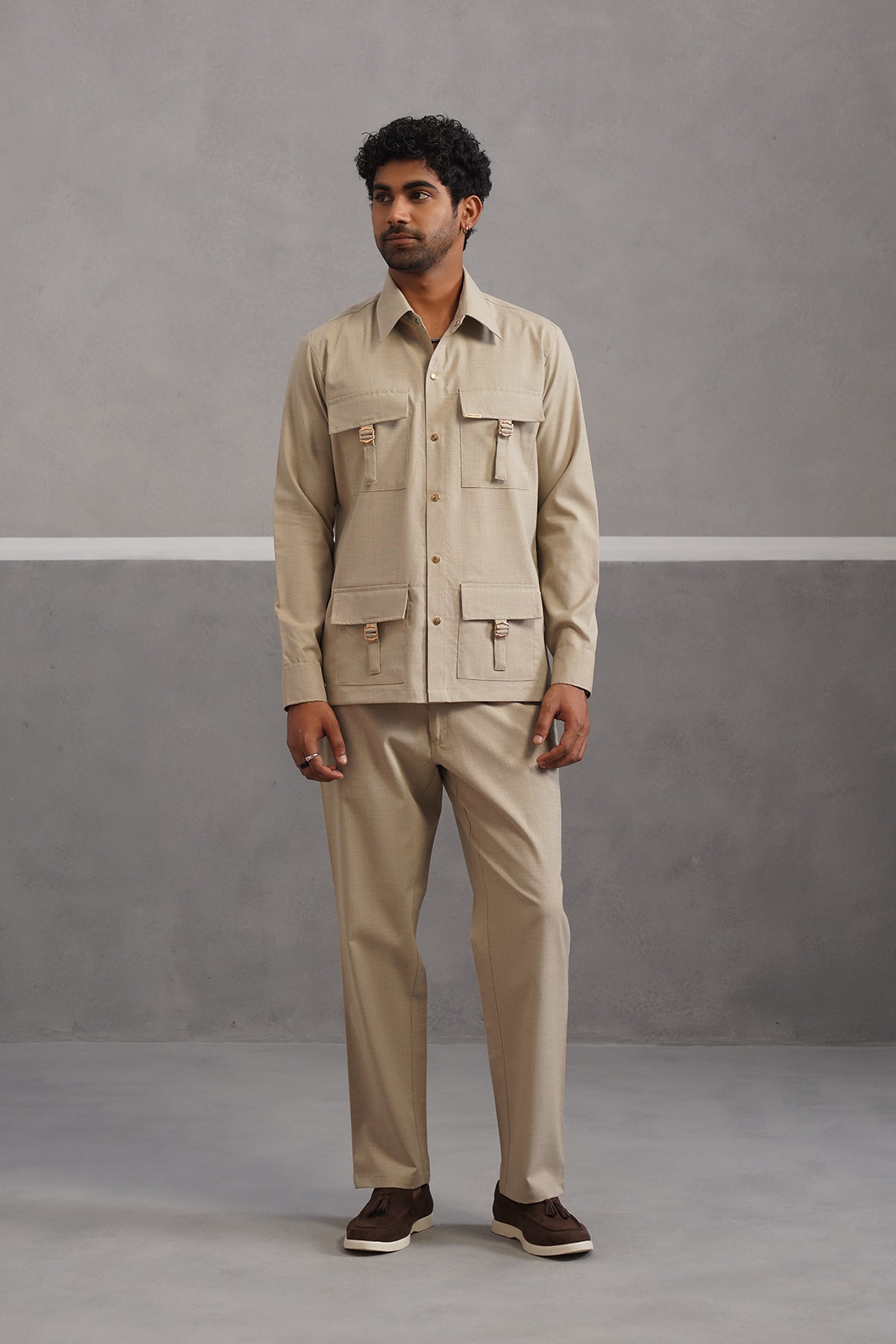 Italian linen lycra four buckle pocket coord set - Beige