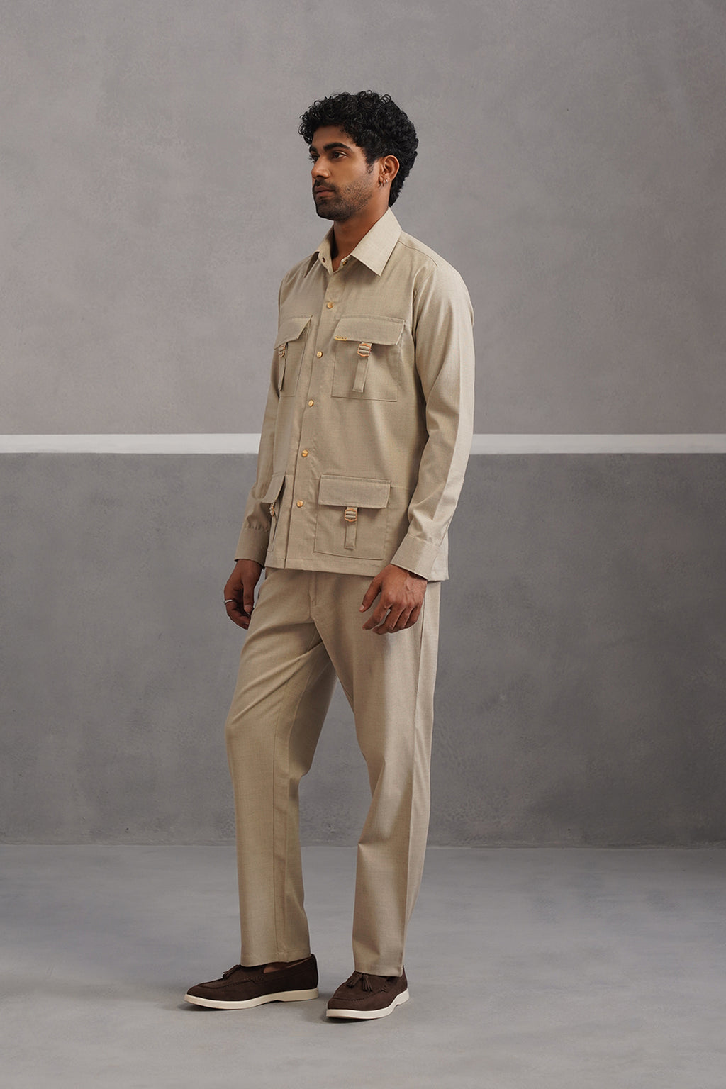 Italian linen lycra four buckle pocket coord set - Beige