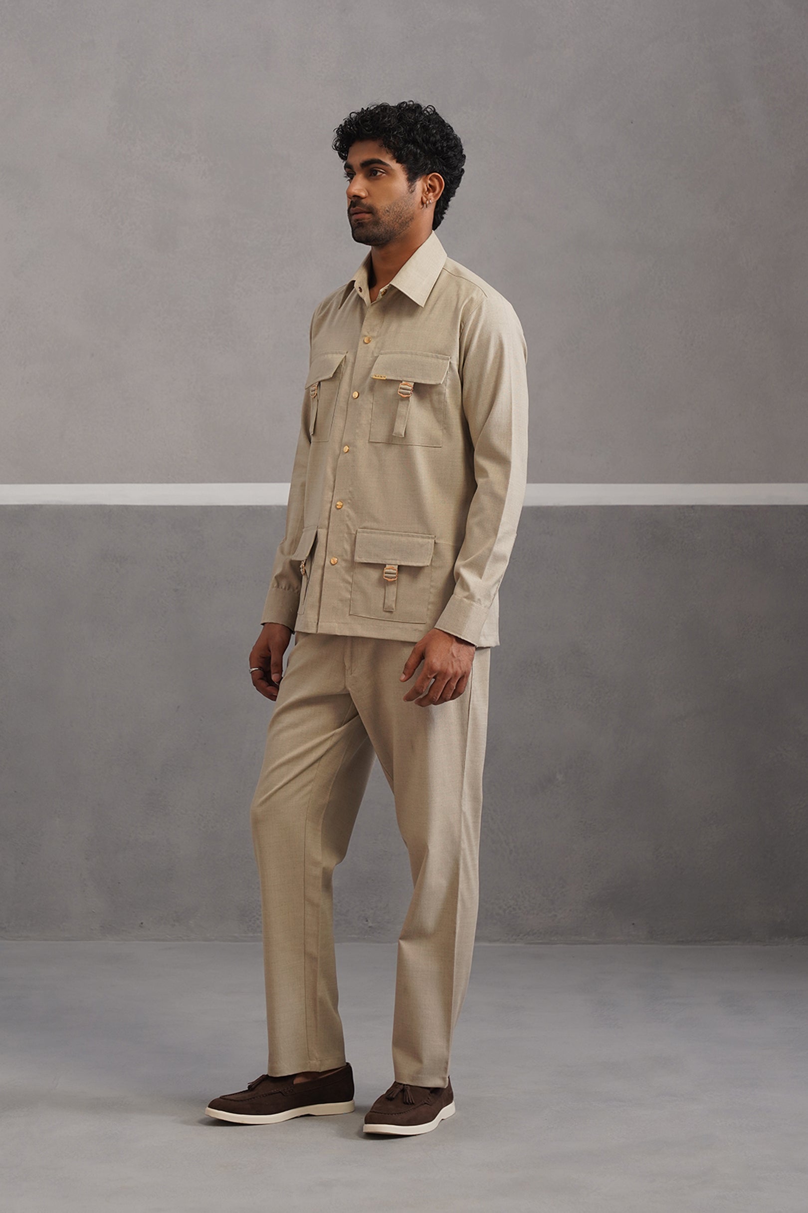 Italian linen lycra four buckle pocket coord set - Beige
