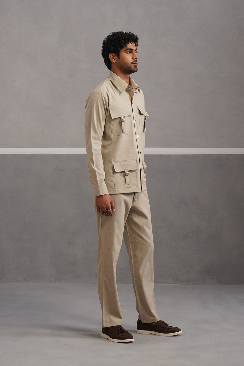Italian linen lycra four buckle pocket coord set - Beige