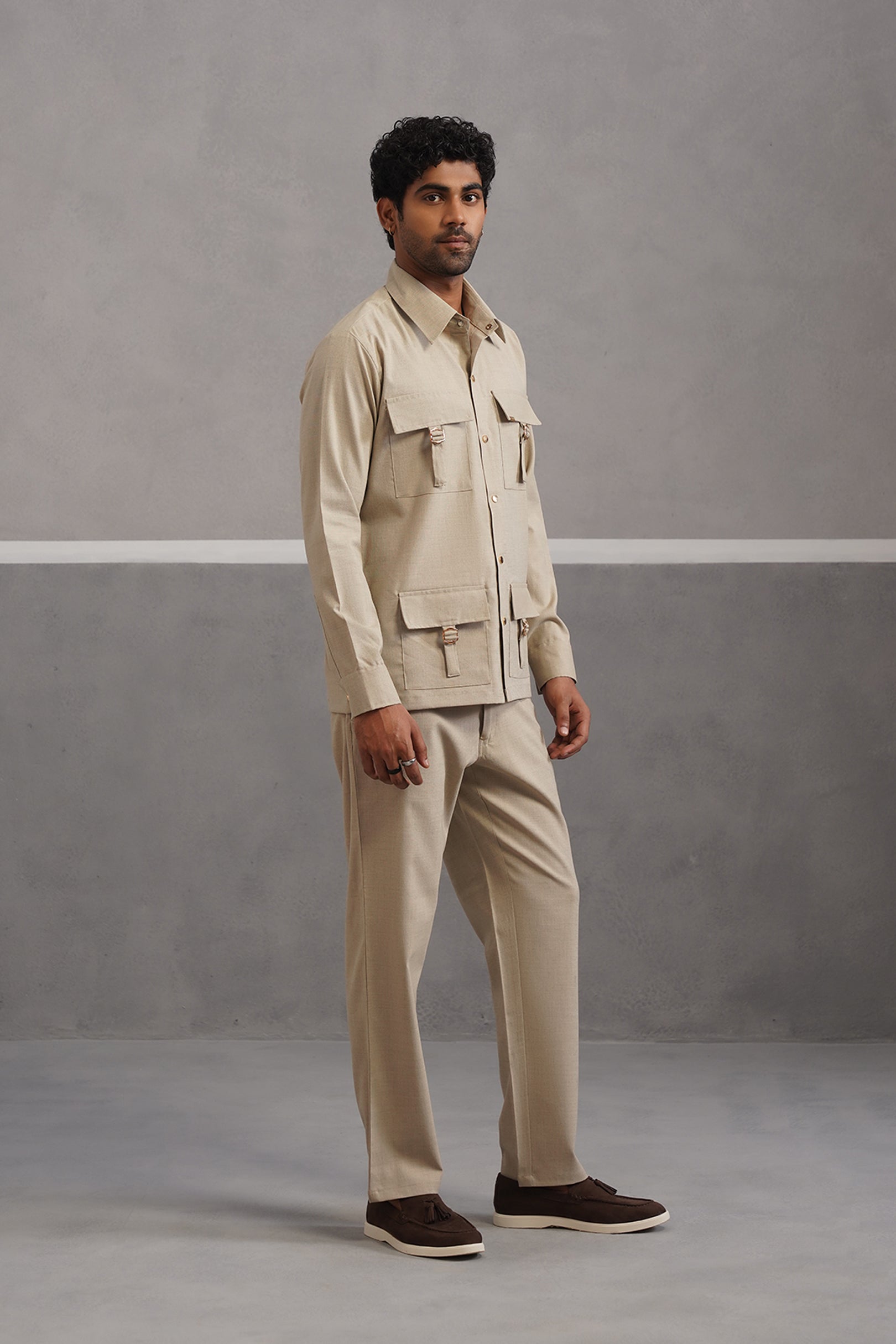 Italian linen lycra four buckle pocket coord set - Beige