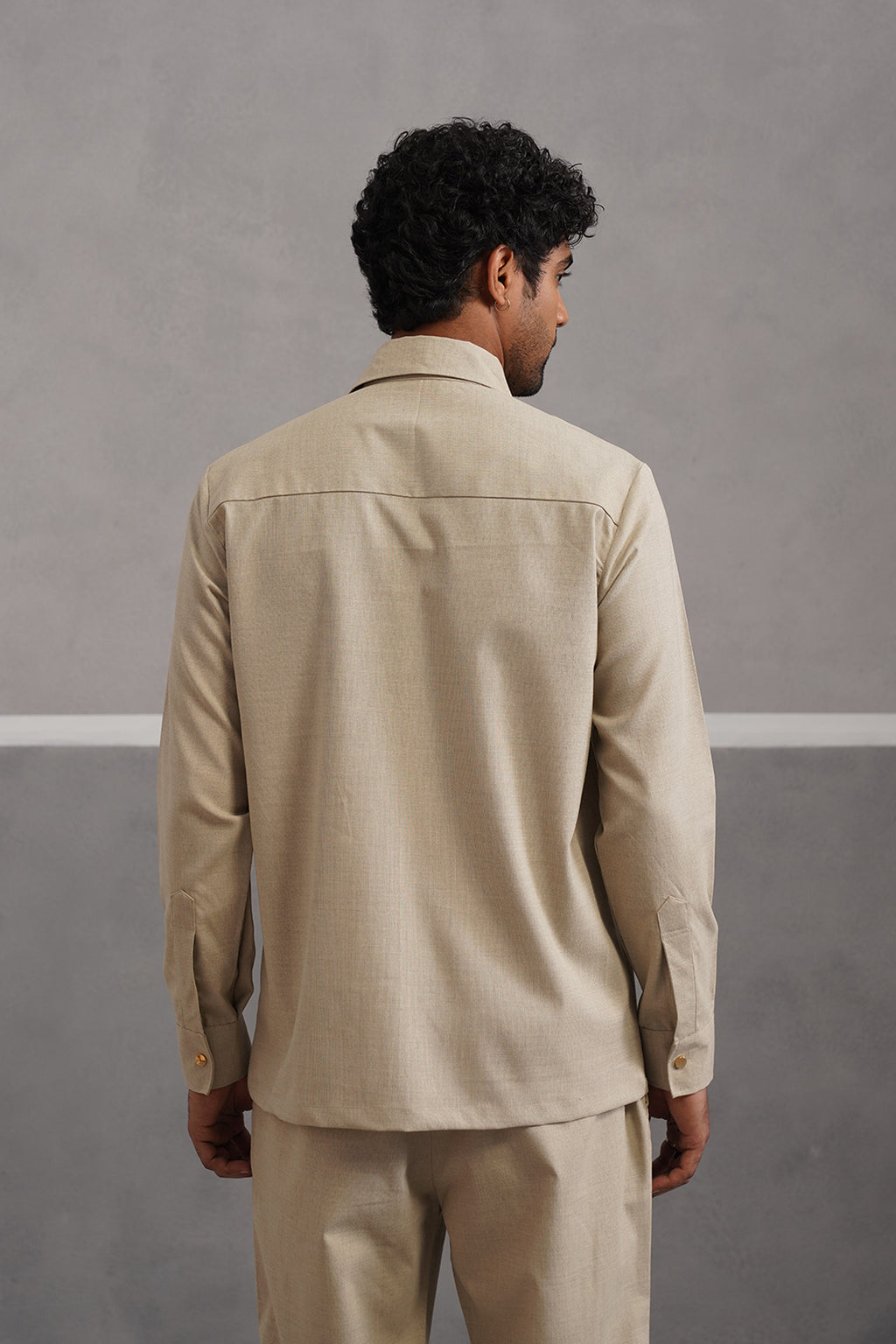 Italian Linen Lycra Four Buckle Pocket Shirt - Beige
