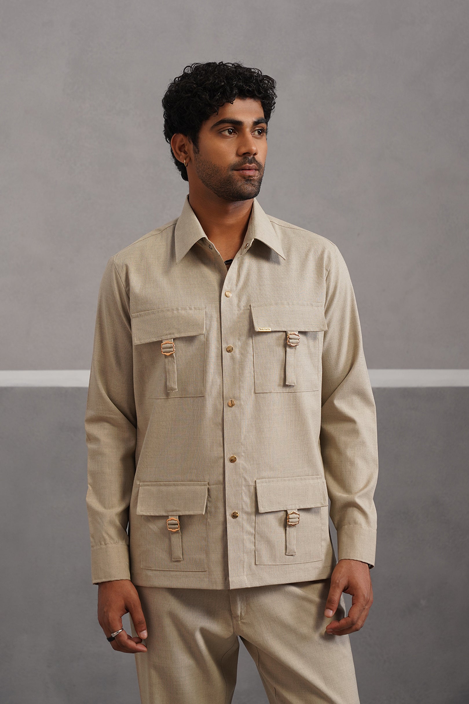 Italian Linen Lycra Four Buckle Pocket Shirt - Beige