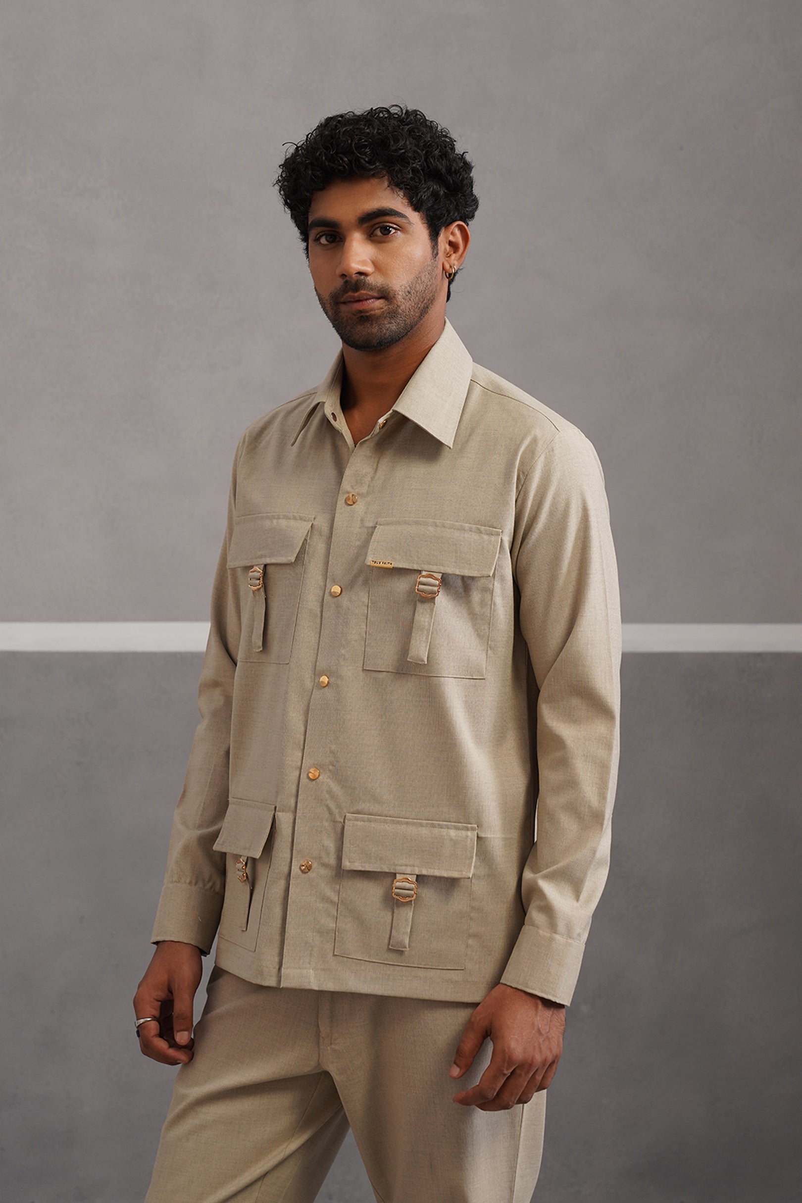 Italian Linen Lycra Four Buckle Pocket Shirt - Beige