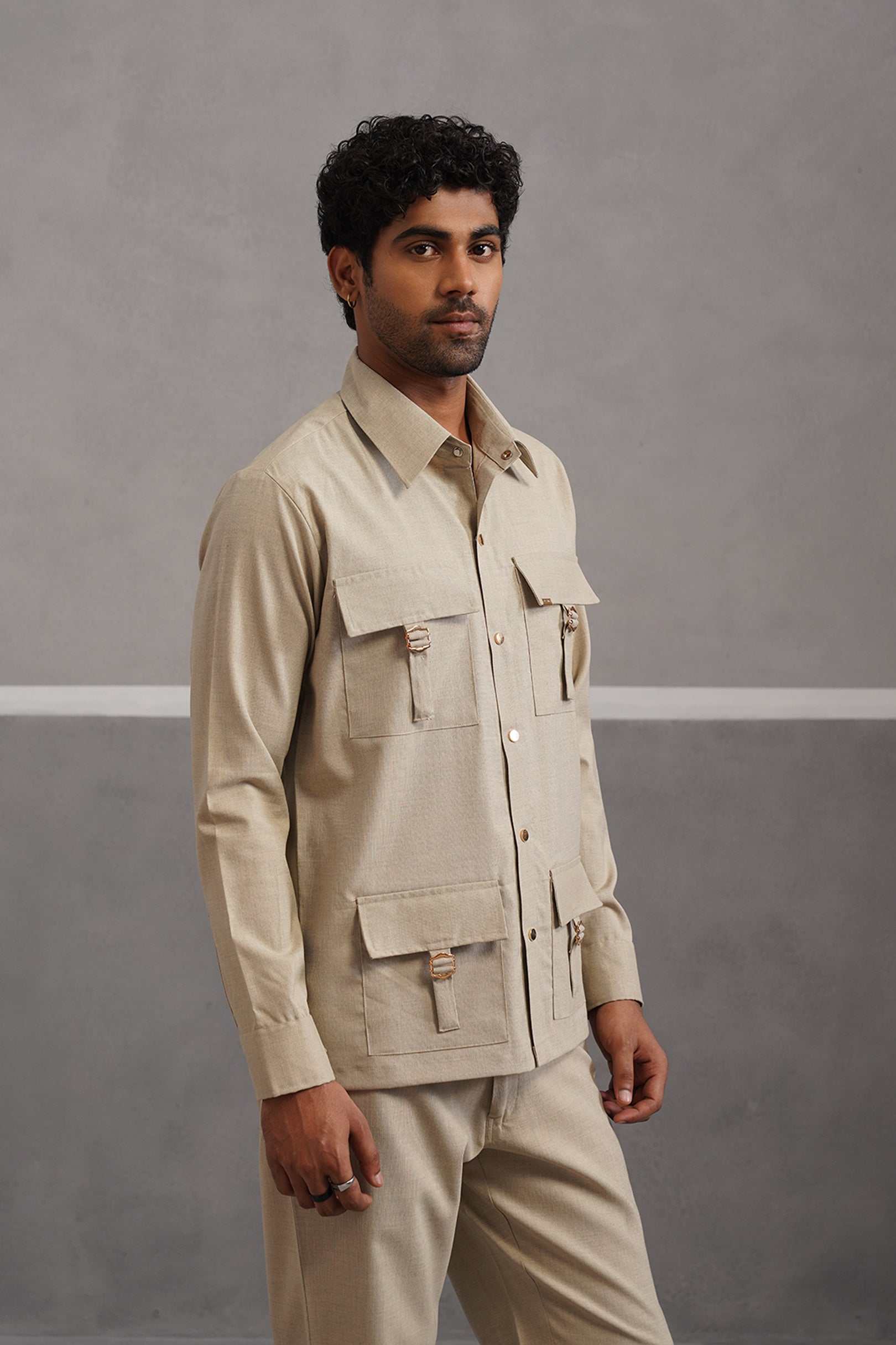 Italian Linen Lycra Four Buckle Pocket Shirt - Beige