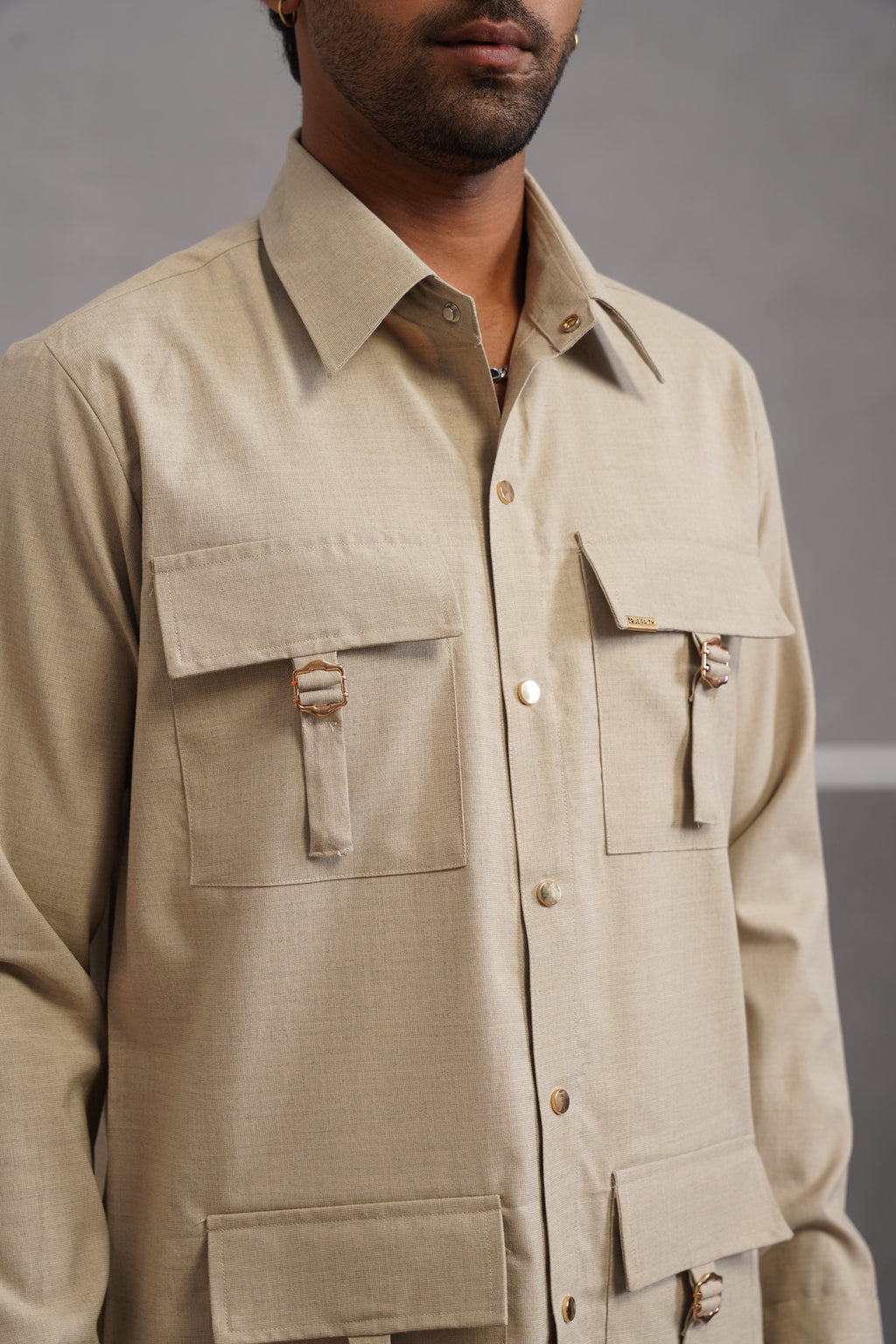 Italian Linen Lycra Four Buckle Pocket Shirt - Beige