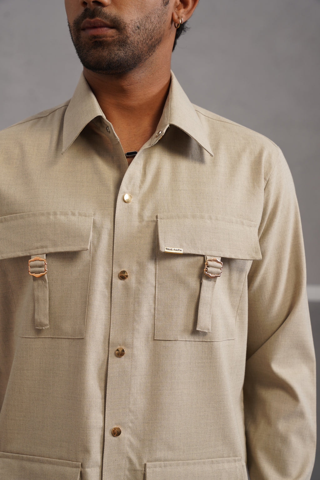 Italian Linen Lycra Four Buckle Pocket Shirt - Beige