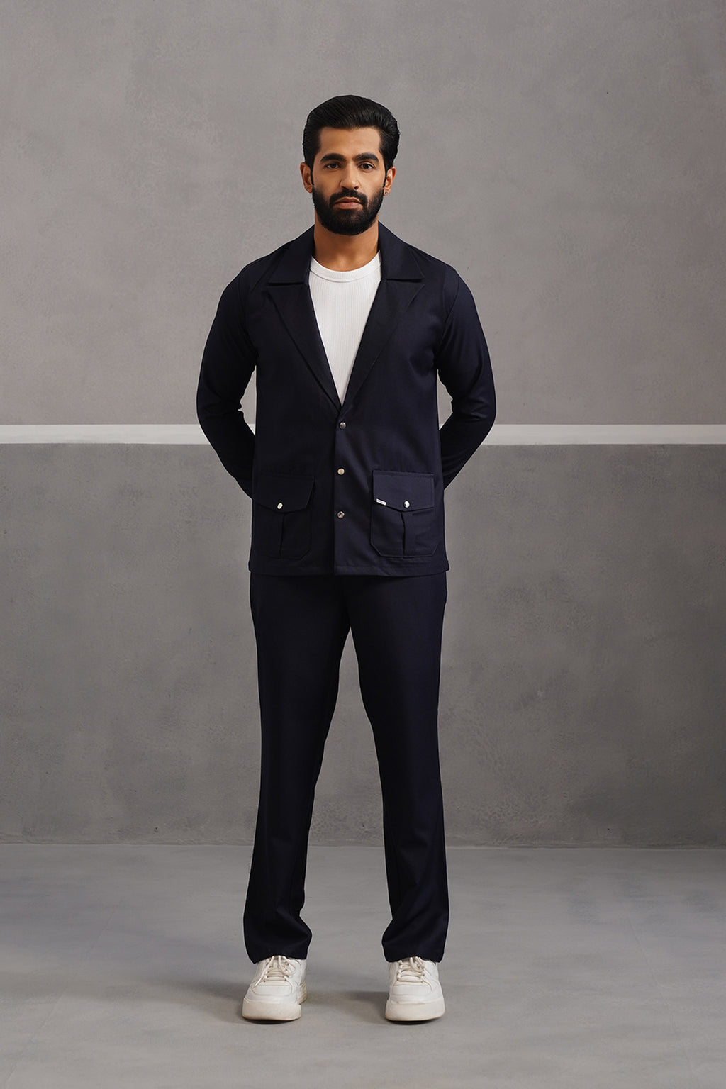Terry Rayon Blazer Shirt Coord Set - Blue