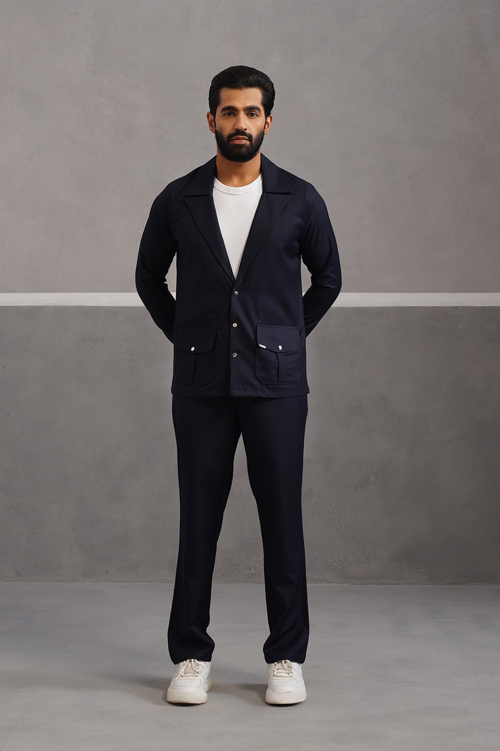 Terry Rayon Blazer Shirt Coord Set - Blue