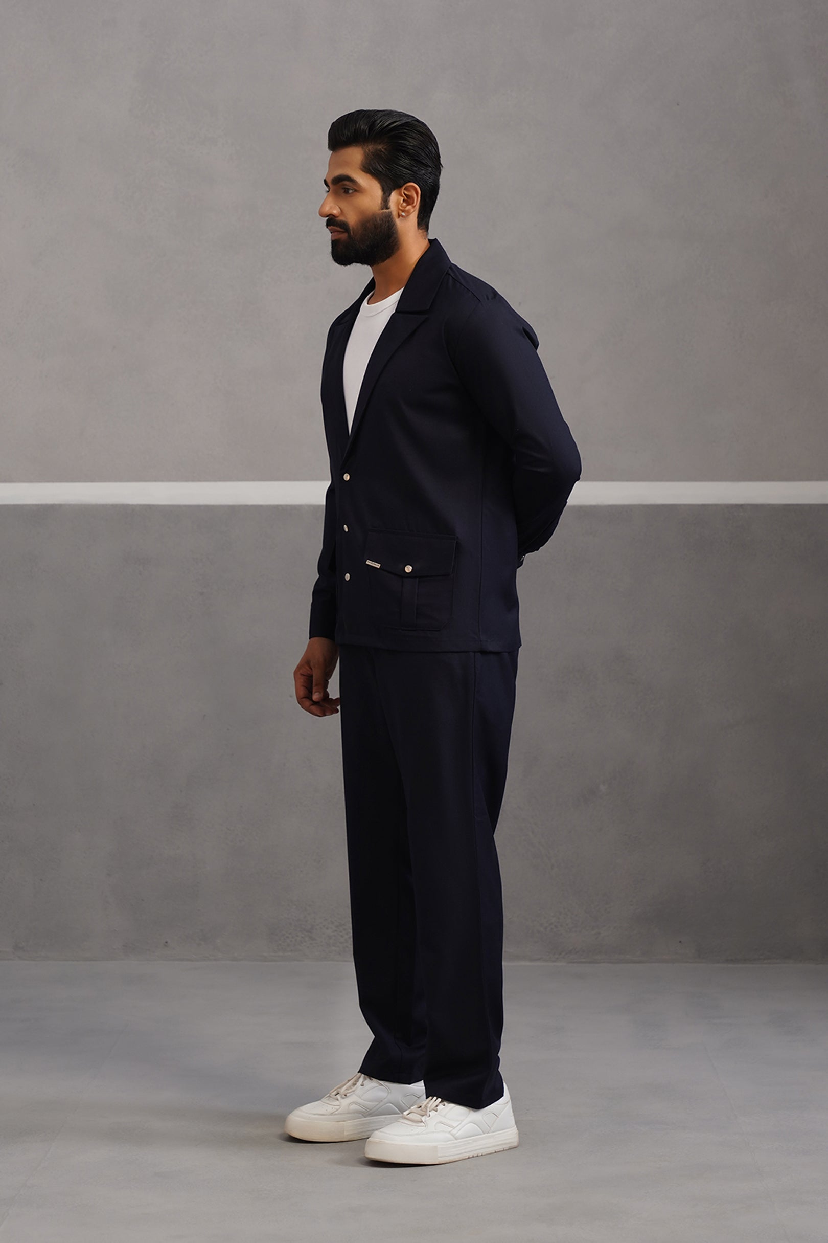 Terry Rayon Blazer Shirt Coord Set - Blue