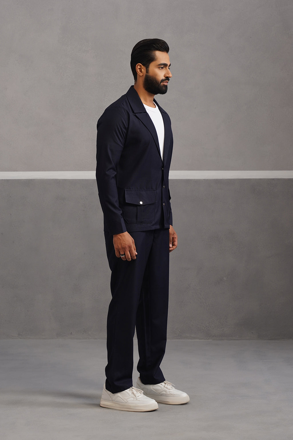 Terry Rayon Blazer Shirt Coord Set - Blue