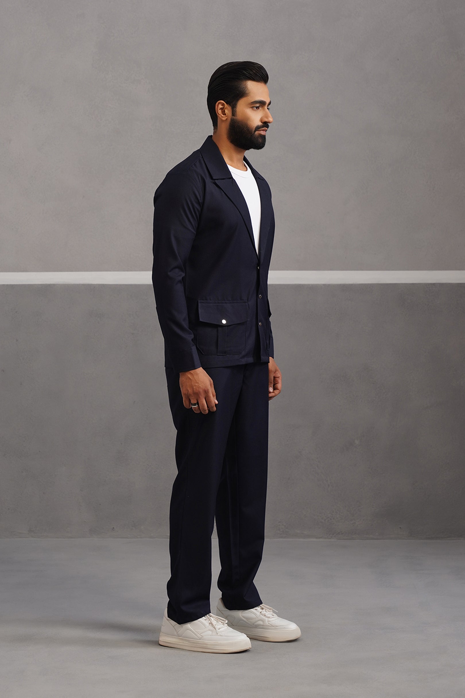 Terry Rayon Blazer Shirt Coord Set - Blue