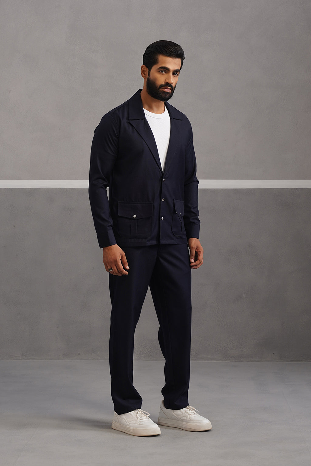 Terry Rayon Blazer Shirt Coord Set - Blue